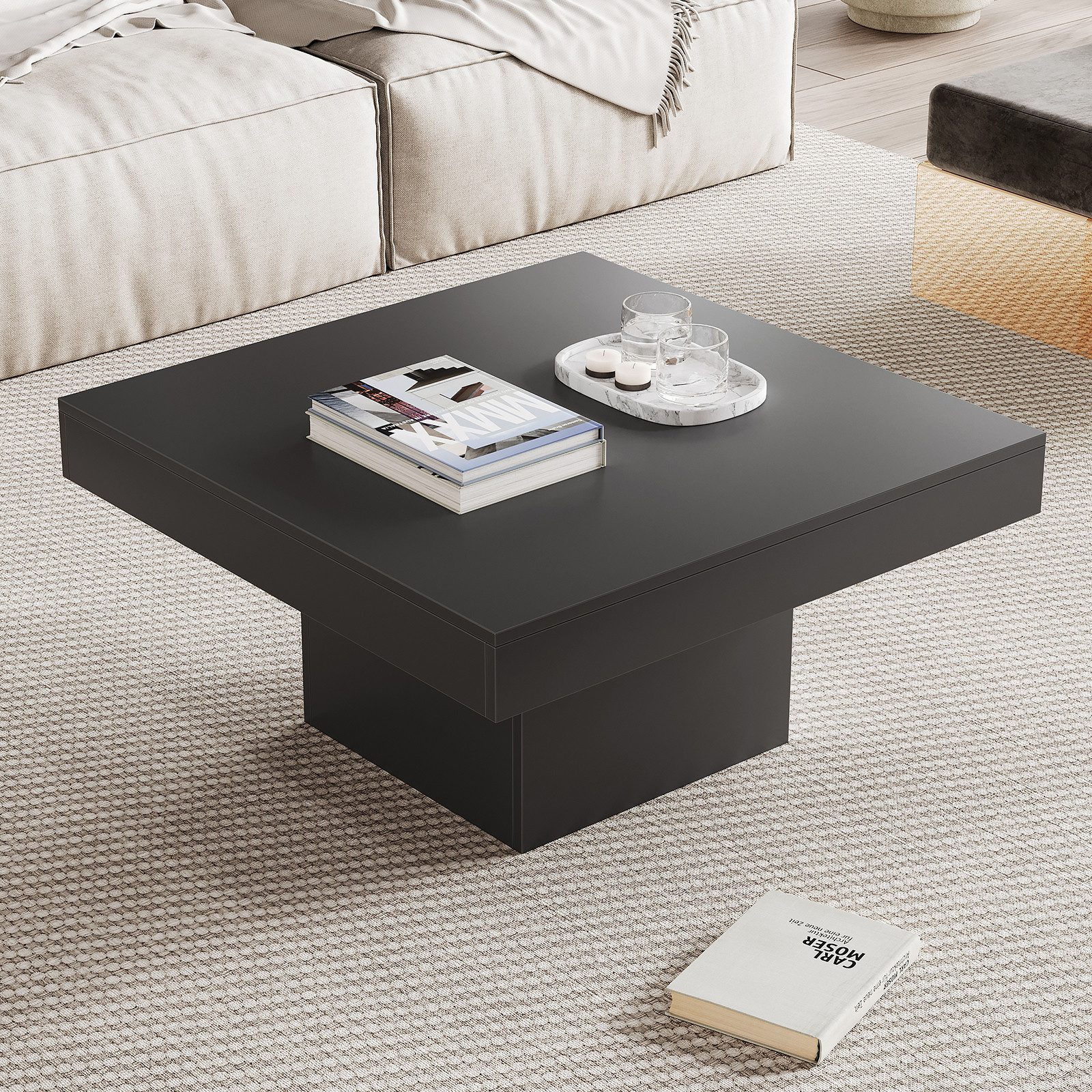 radelldar Couchtisch Wohnzimmertisch mit led beleuchtung hautänhliche textur modern USB, 78x78x40cm