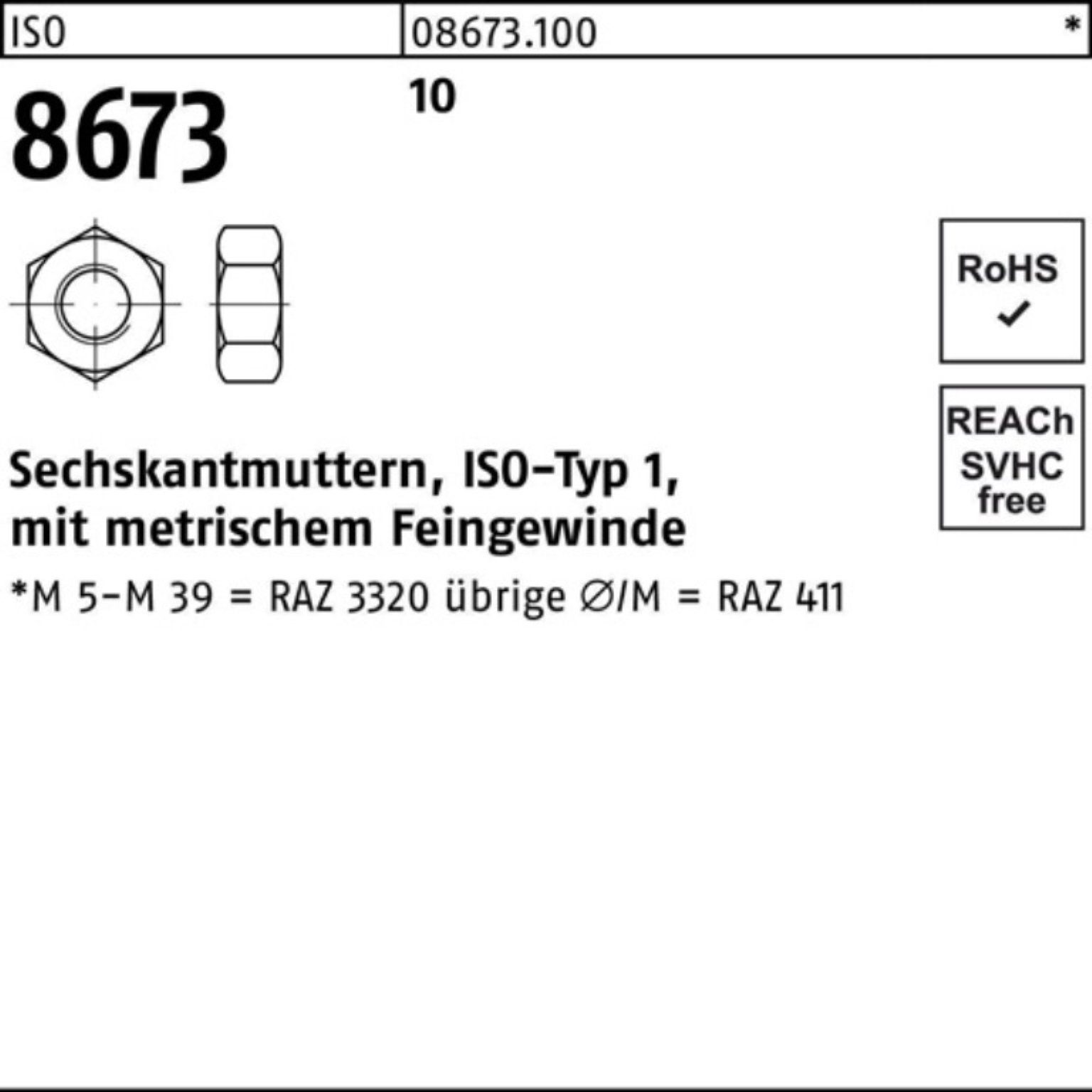Reyher Muttern 100er Pack Sechskantmutter ISO 8673 M10x 1 10 100 Stück ISO 8673 10 S
