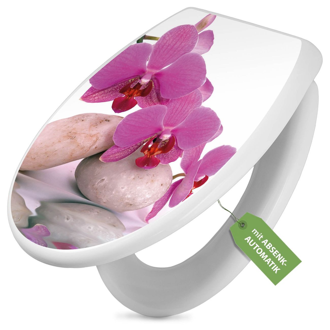 banjado WC-Sitz mit Absenkautomatik Motiv Orchidee (umweltfreundliches Material, integrierte Scharniere), 44,5 x 37 x 5 cm