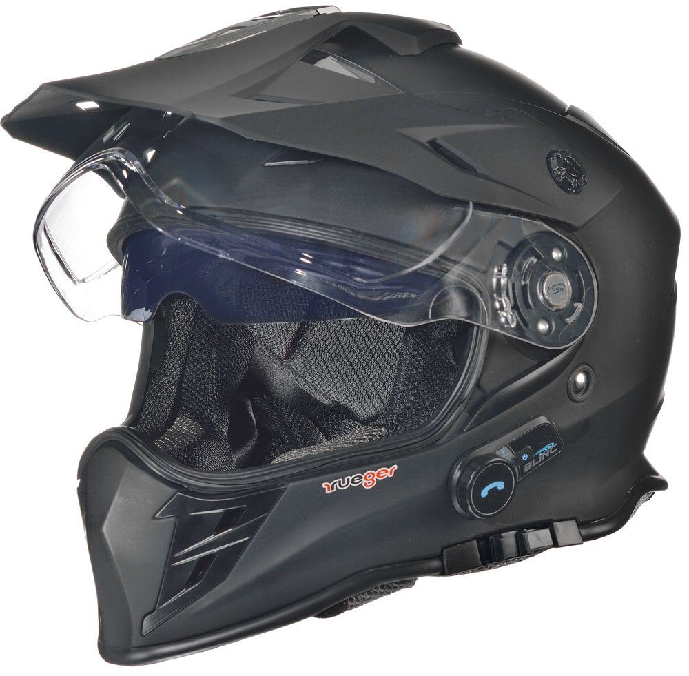 rueger-helmets Motorradhelm Bluetooth Intercom Sprechanlage Headset T-Com Klapphelm Jethelm Crosshem Integralhelm RX-968COM Matt Schwarz XS Crosshelm