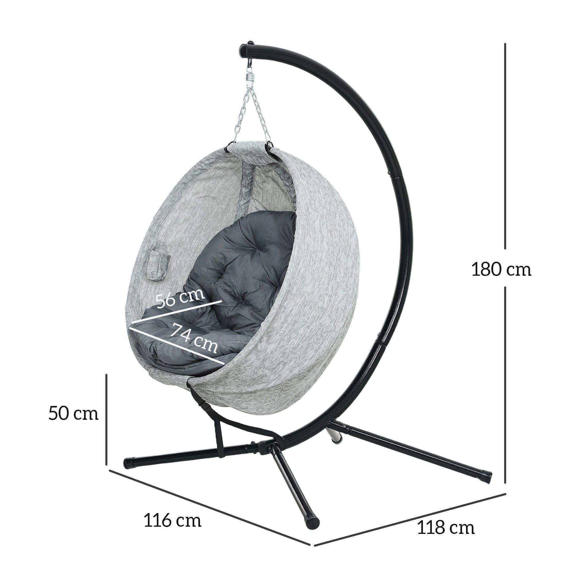 Outsunny Hängesessel Eiförmig, faltbar mit Becherhalter, abnehmbar waschbar Sitz,Gestell (Hängestuhl, 1-St., Schaukelstuhl), bis 120 kg Belastbar, Polyester, Grau
