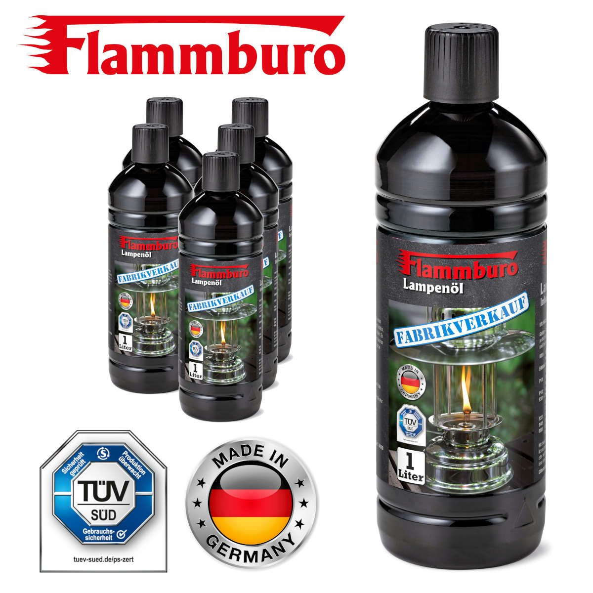 FLAMMBURO Lampenöl für Petroleum-Lampen und Fackeln (6 x 1000 ml), (6-St), Rückstandloses und rußfreies Verbrennen bei richtiger Dochteinstellung
