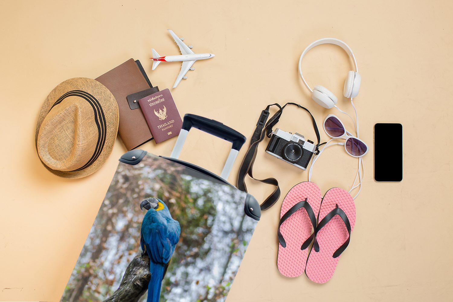 Ferien, - Papagei Reisekoffer - Trolley, 4 Handgepäckkoffer MuchoWow Handgepäck Rollen, Vogel mit für Reisetasche Blau, rollen,