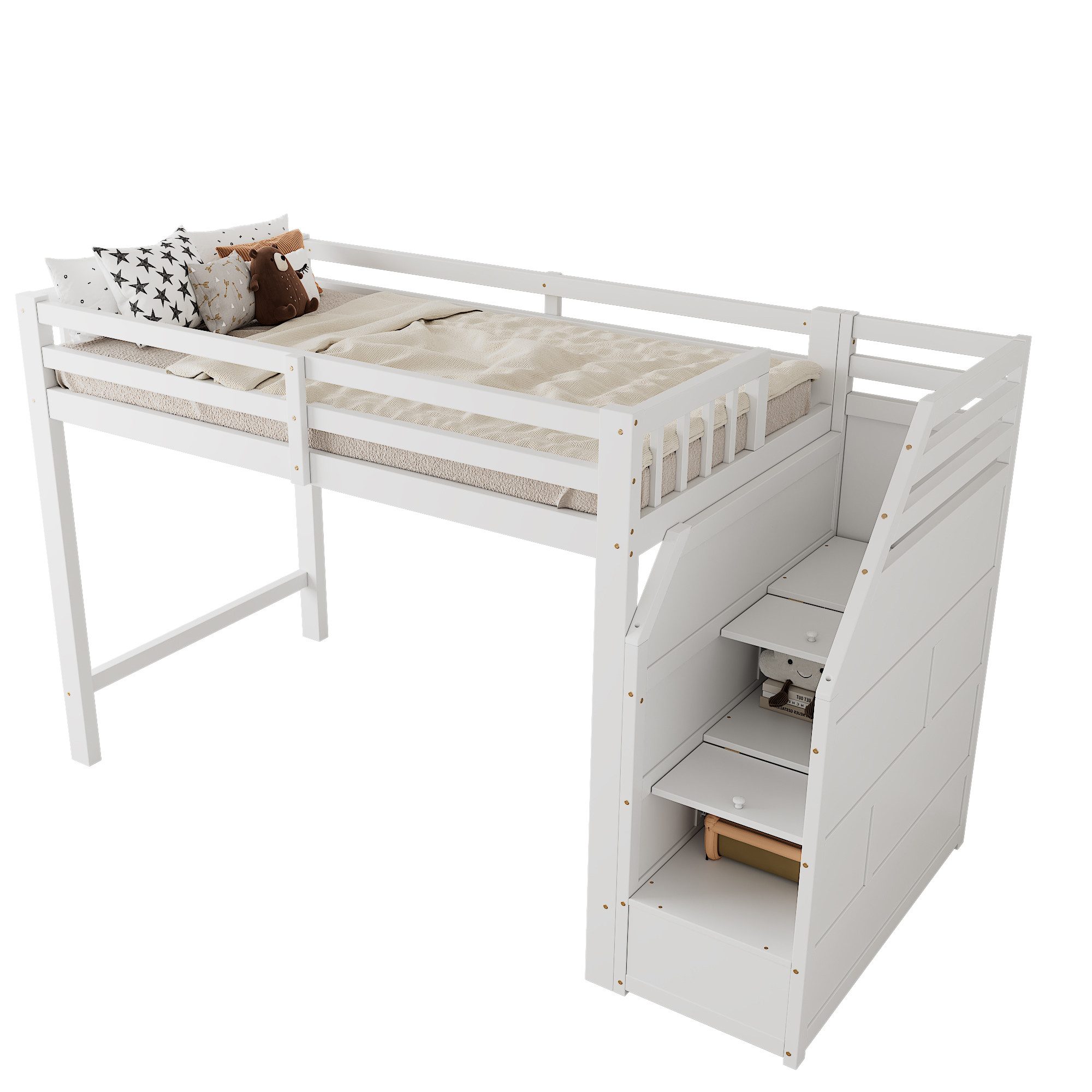 Ulife Loft Bed, Children's Bed, Youth Bed, Wooden Bed, Free Space Under the Bed (without mattress), Creative Storage Ladder, 90x200cm