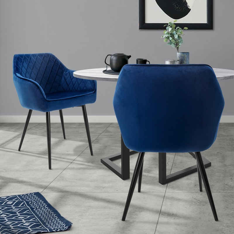 ML-DESIGN Stuhl Esszimmerstühle Set mit Armlehne & Rückenlehne Polsterstuhl Stuhl (2 St), 2er Set Küchenstühle Dunkelblau 60x63x80cm aus Samt