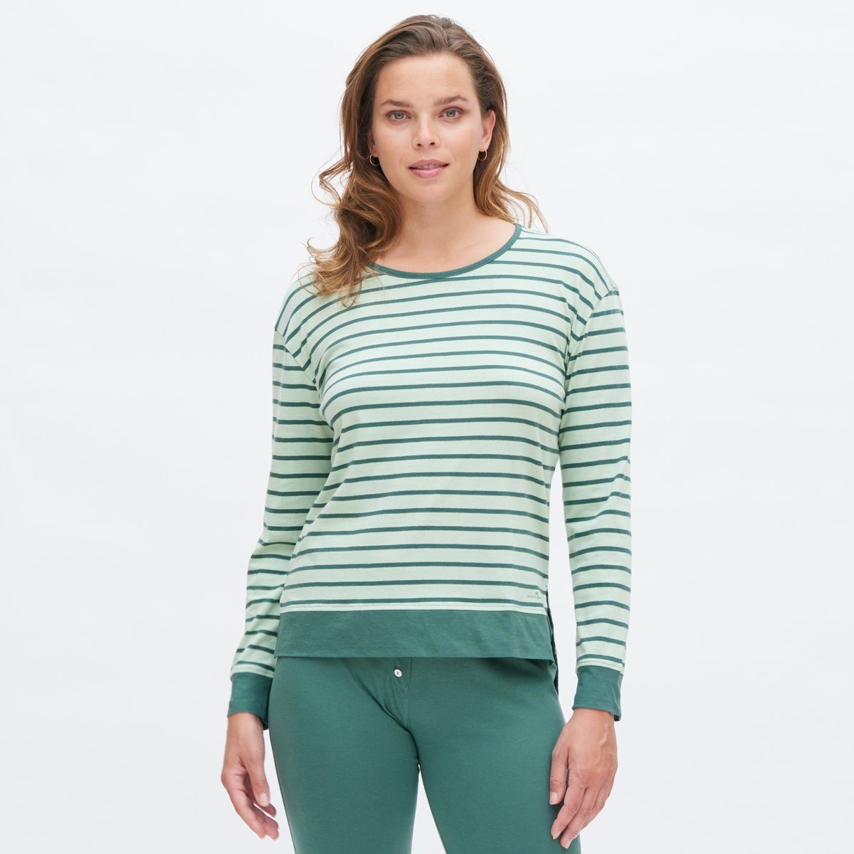 LIVING CRAFTS Sleepshirt NICCI Breiter, luftiger Schnitt mit halsfernem Rundkragen Misty Green / Stripe | Nachthemden