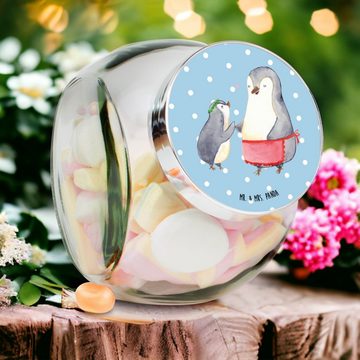Mr. & Mrs. Panda Vorratsglas L 870ml Pinguin mit Kind - Blau Pastell - Geschenk, Mami, Keksedose, Premium Glas, (1-tlg), Vielseitig einsetzbar