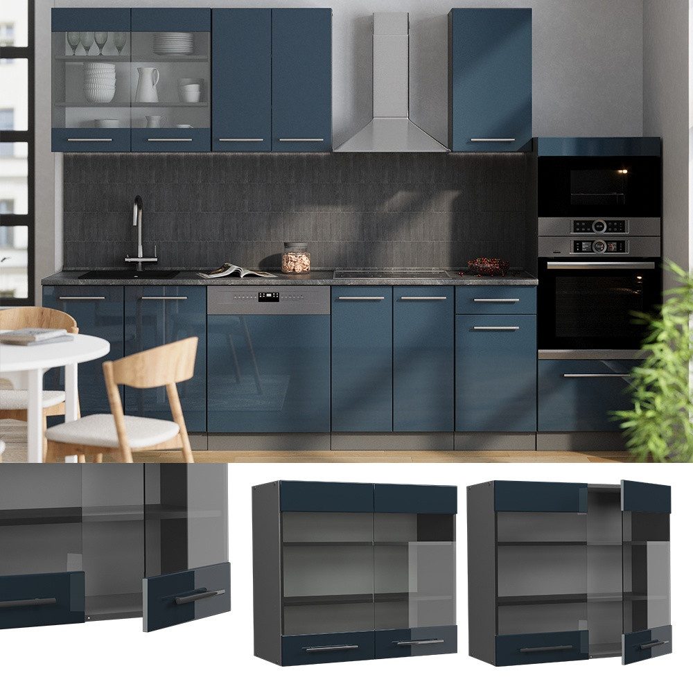 Vicco Glashängeschrank Fame-Line, Dunkelblau Hochglanz/Anthrazit, 80 cm (1-St)