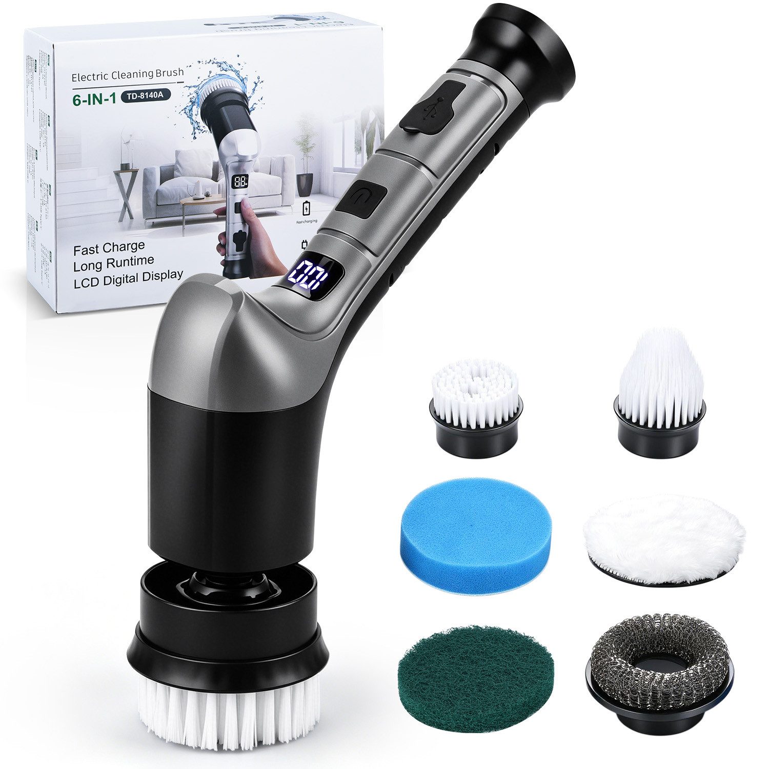 CkeyiN Akku-Oberflächenbürste Elektrische Reinigungsbürste mit 3 Geschwindigkeiten 6 Aufsätzen, 6 cm Bürstendurchmesser, max. 380 U/min, für Fliesen, Boden, Glas, Auto, mit LED-Anzeige, IPX6