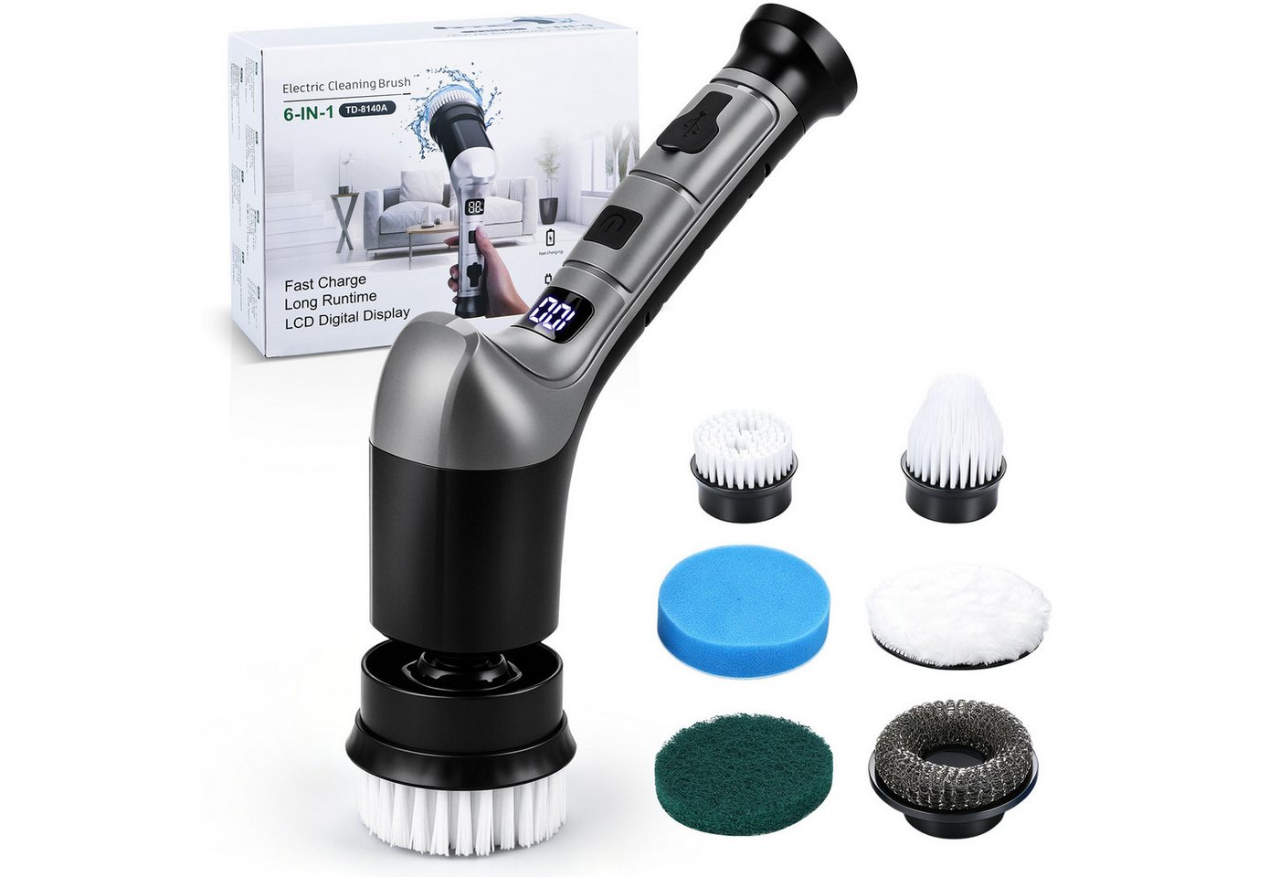 CkeyiN Akku-Oberflächenbürste Elektrische Reinigungsbürste mit 3 Geschwindigkeiten 6 Aufsätzen, 6 cm Bürstendurchmesser, max. 380 U/min, für Fliesen, Boden, Glas, Auto, mit LED-Anzeige, IPX6