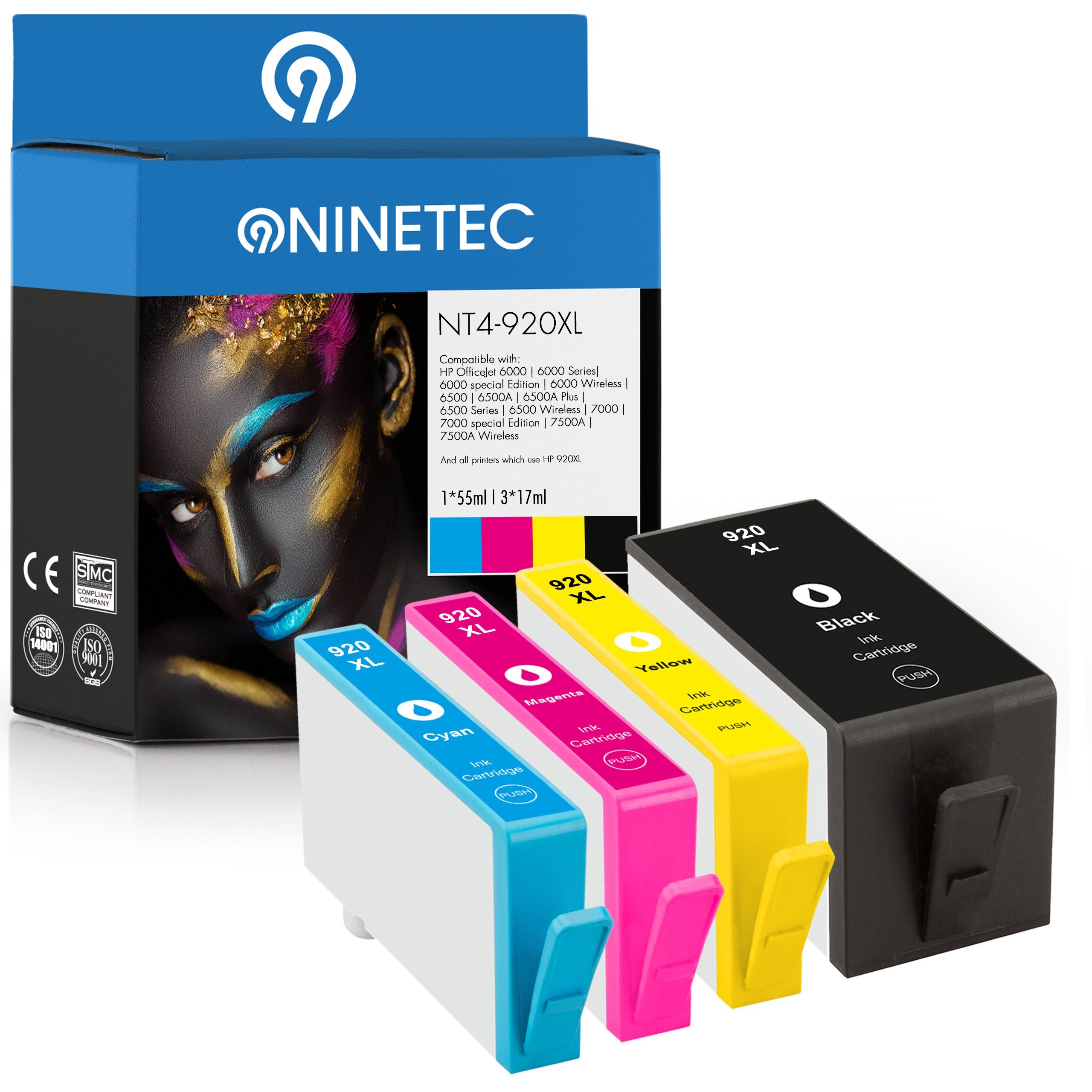 NINETEC 4er Set HP 920 ersetzt 920XL Tintenpatrone XL