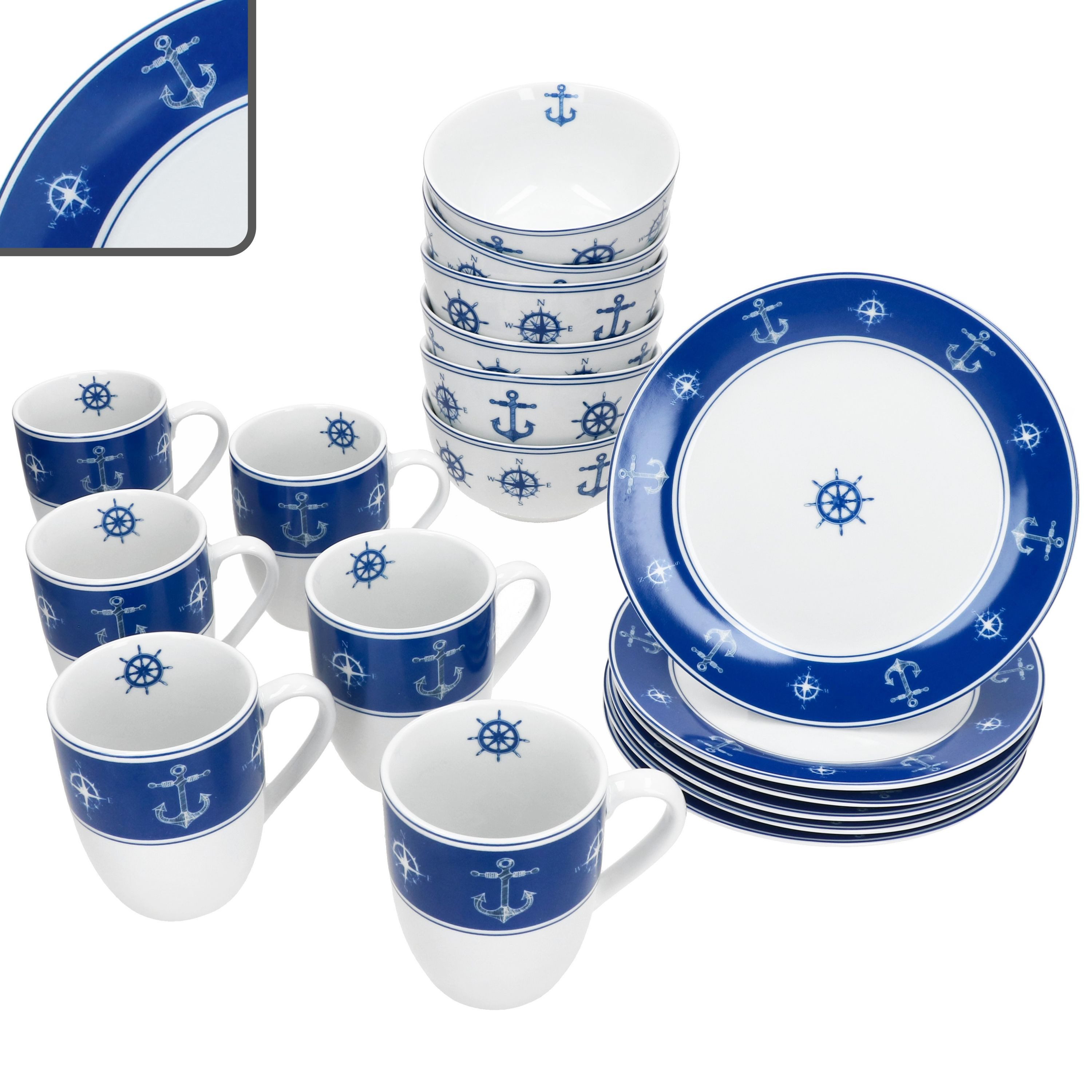 MamboCat Frühstücks-Geschirrset MamboCat Ahoi 18tlg maritimes Frühstücksset Teller Schale Becher, Porzellan