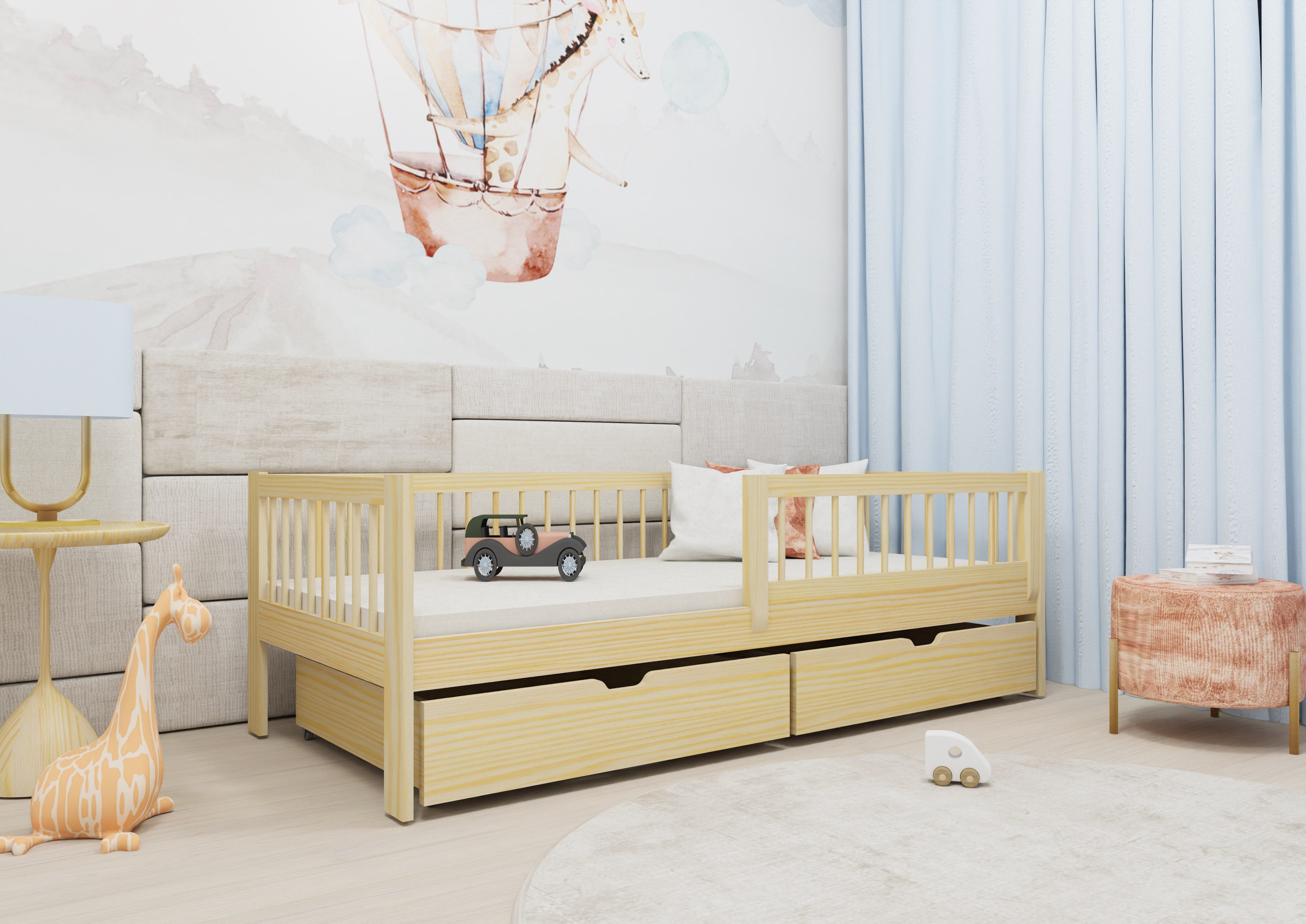 Kinderbett mit Rausfallschutz und zwei Schubladen und Rolllattenrost
