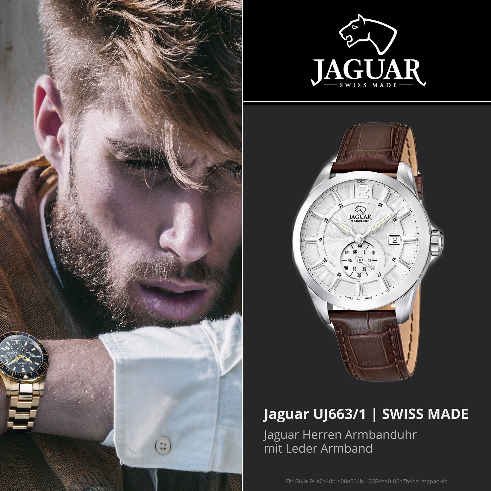 JAGUAR Quarzuhr (ca. Herren groß Gehäuse, 43mm), Lederarmband, rundes Uhr mit J663/1 Jaguar Herrenuhr Leder Elegant-S Elegant