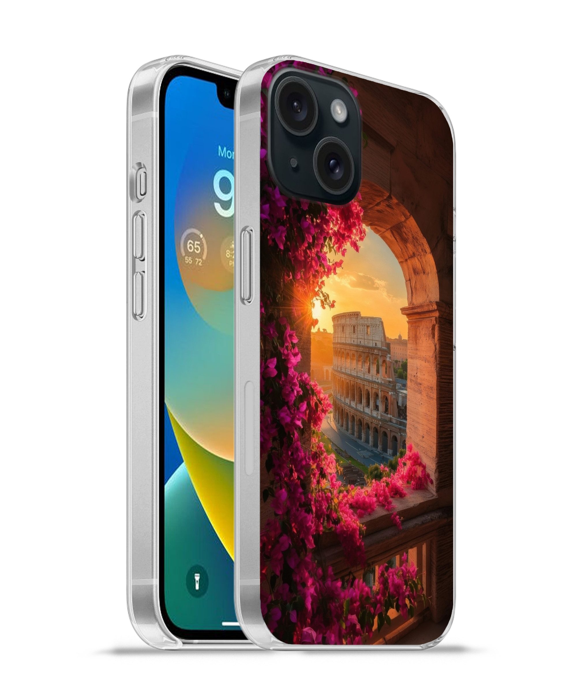 MuchoWow Handyhülle für Apple iPhone 15 Kolosseum - Rom - Rosa Blumen, Smartphone-Bumper, Print, Handy Schutzhülle Dünn