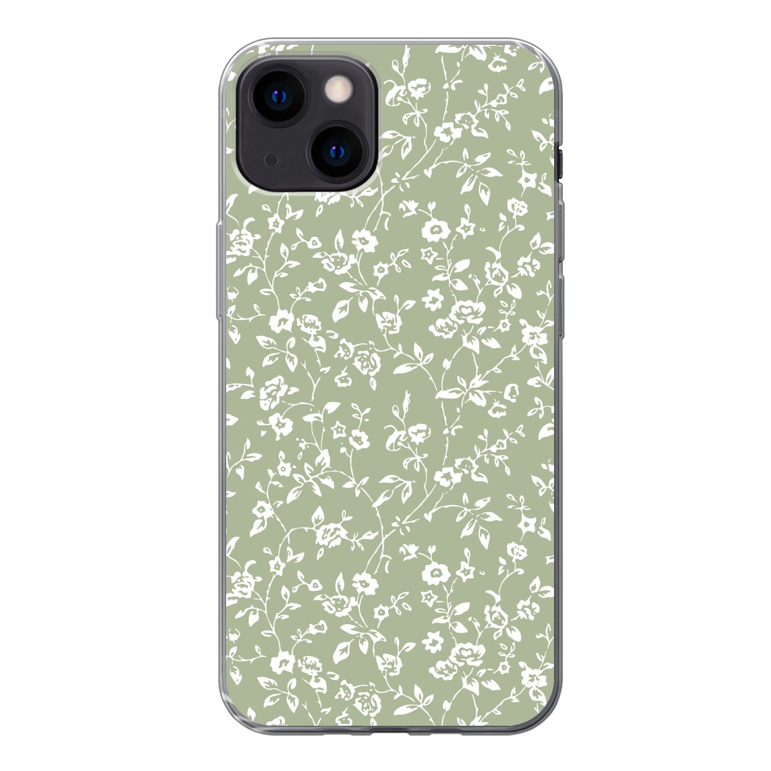 MuchoWow Handyhülle für Apple iPhone 13 Blumen - Druck - Grün - Weiß, Smartphone-Bumper, Print, Handy Schutzhülle Dünn