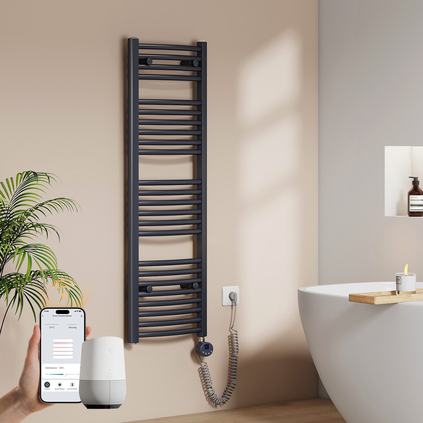 EMKE Elektrischer Badheizkörper mit Wifi APP Steuerung Thermostat Höhe: 120, 500/600W, 4 Heizmodi, 7-Tage-Timer, Boost & Frostschutz Gebogener Handtuchwärmer
