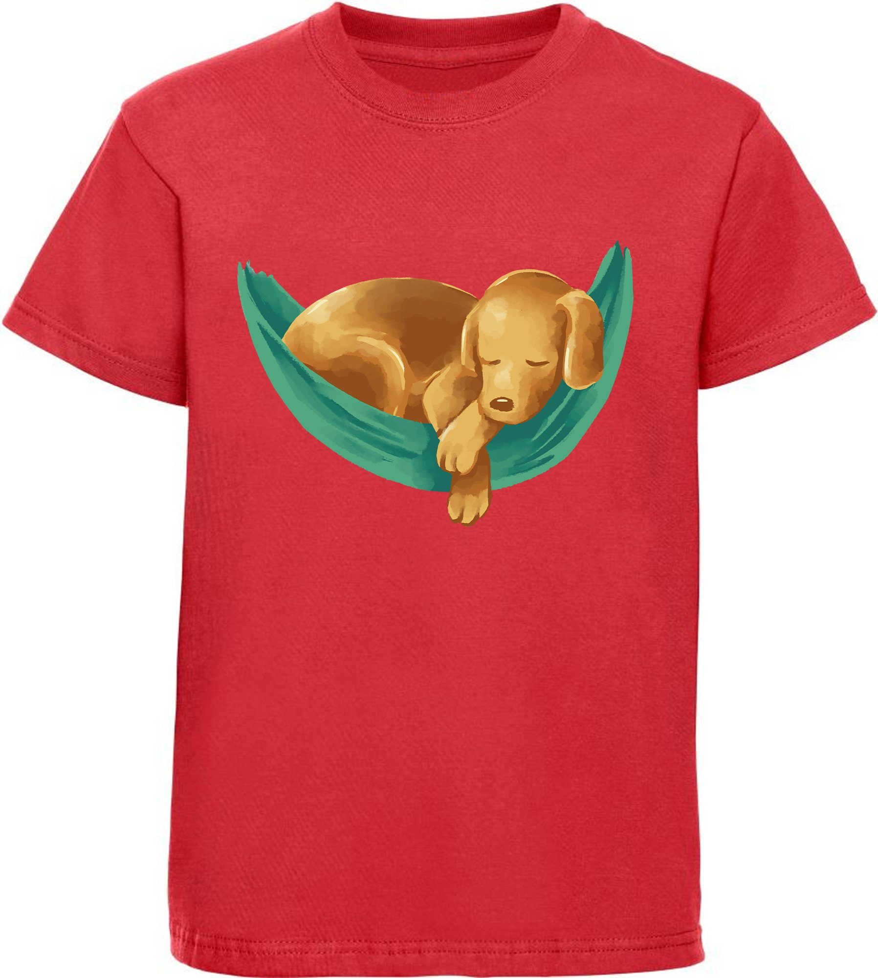 MyDesign24 T-Shirt Kinder Hunde Print Shirt bedruckt - Labrador Welpe in Hängematte Baumwollshirt mit Aufdruck, i245 rot