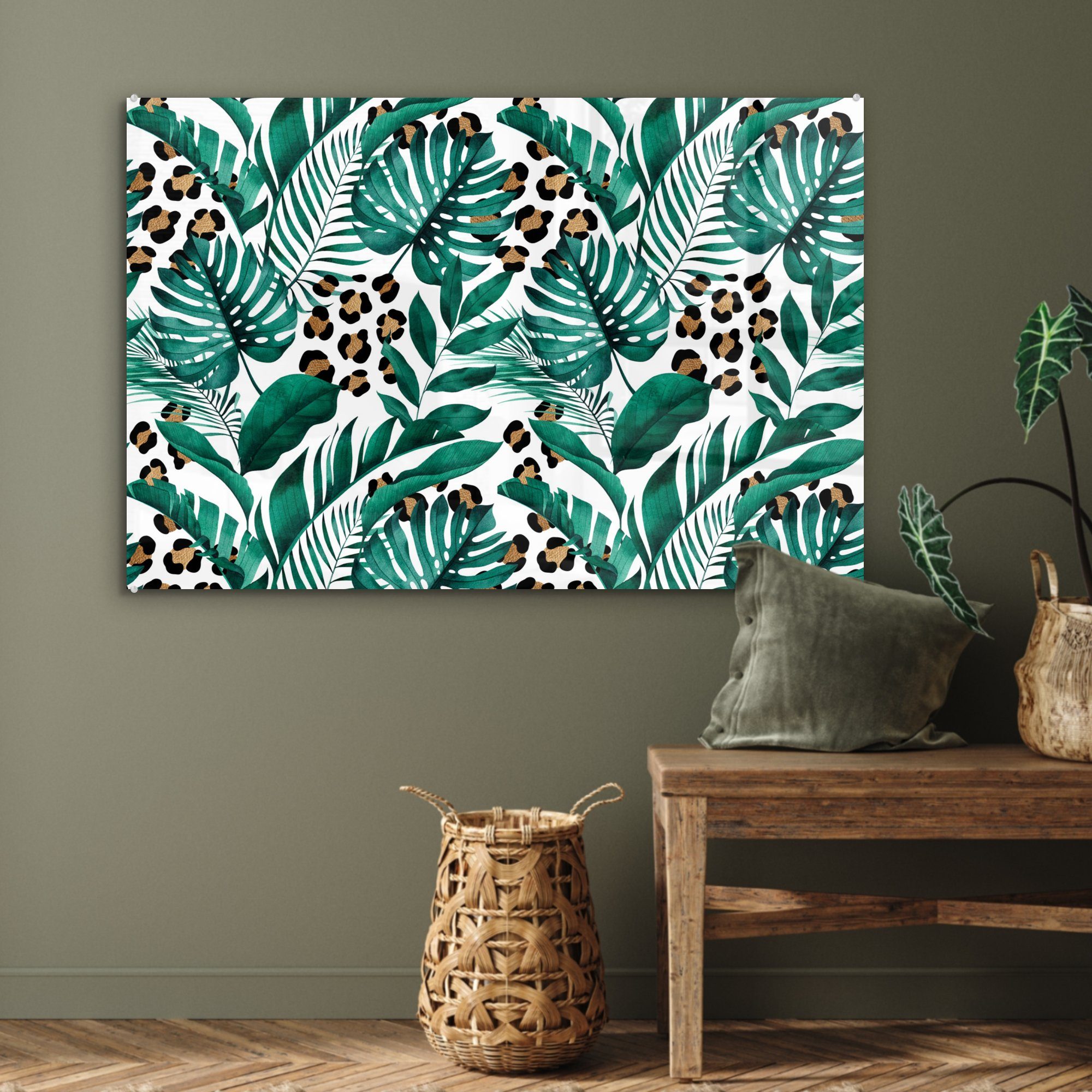 MuchoWow Acrylglasbild Tropical - Pantherdruck & Schlafzimmer Wohnzimmer St), Weiß, (1 Acrylglasbilder 