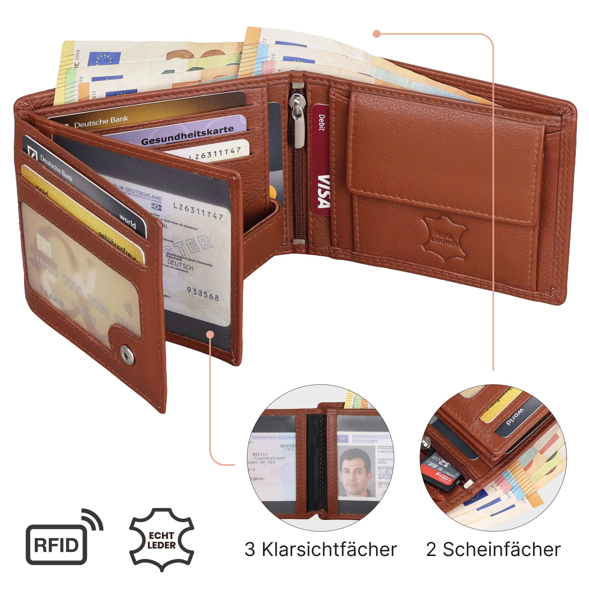 EAAKIE Geldbörse RFID echt Leder Portemonnaie Geldbörse Herren Rindleder, RFID Schutz