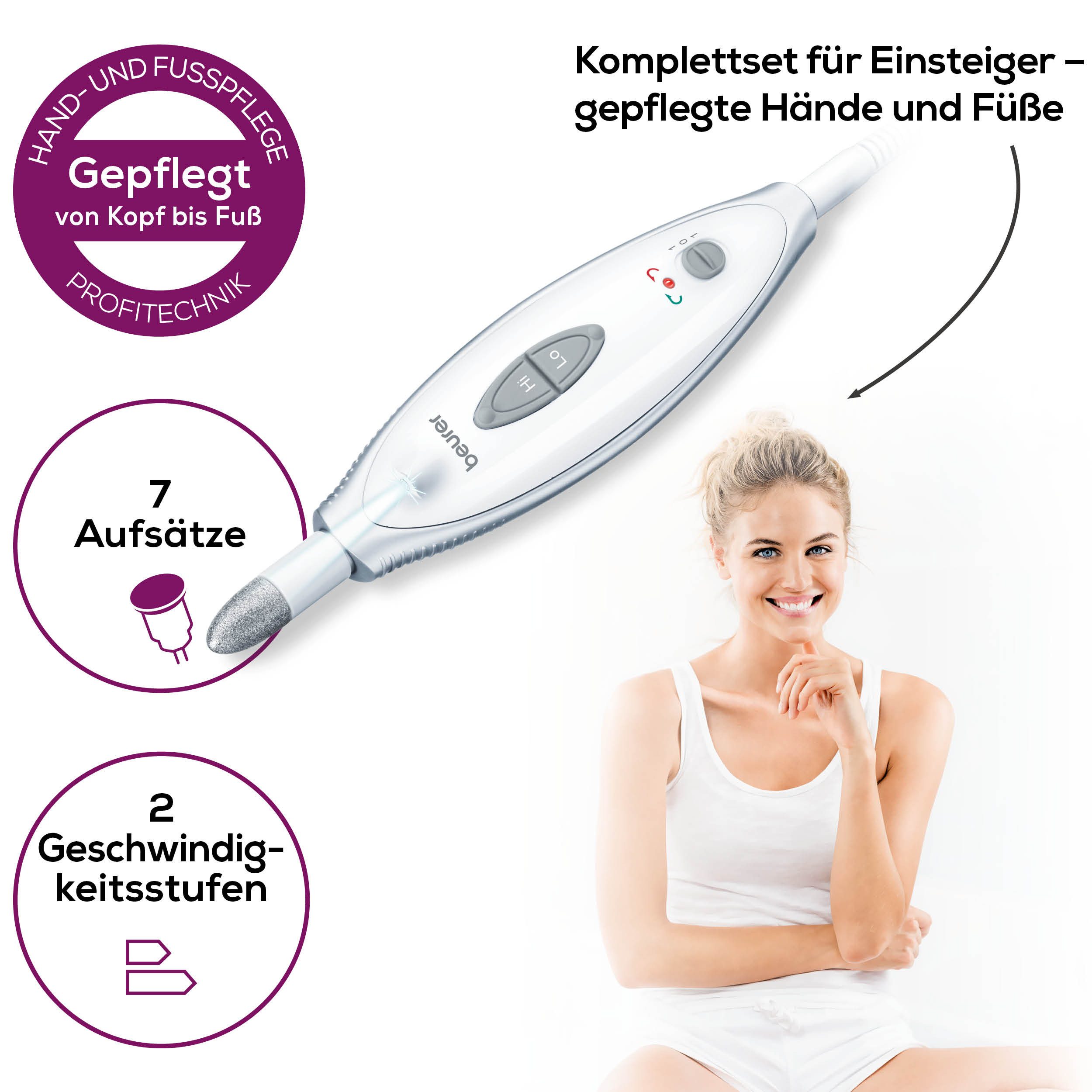 BEURER Maniküre-Pediküre-Set MP 41 elektrische Nagelfeile, für gepflegte Hände und Füße zuhause, Inkl. 7 Aufsätze aus Saphir und Filz, mit LED-Licht und Etui