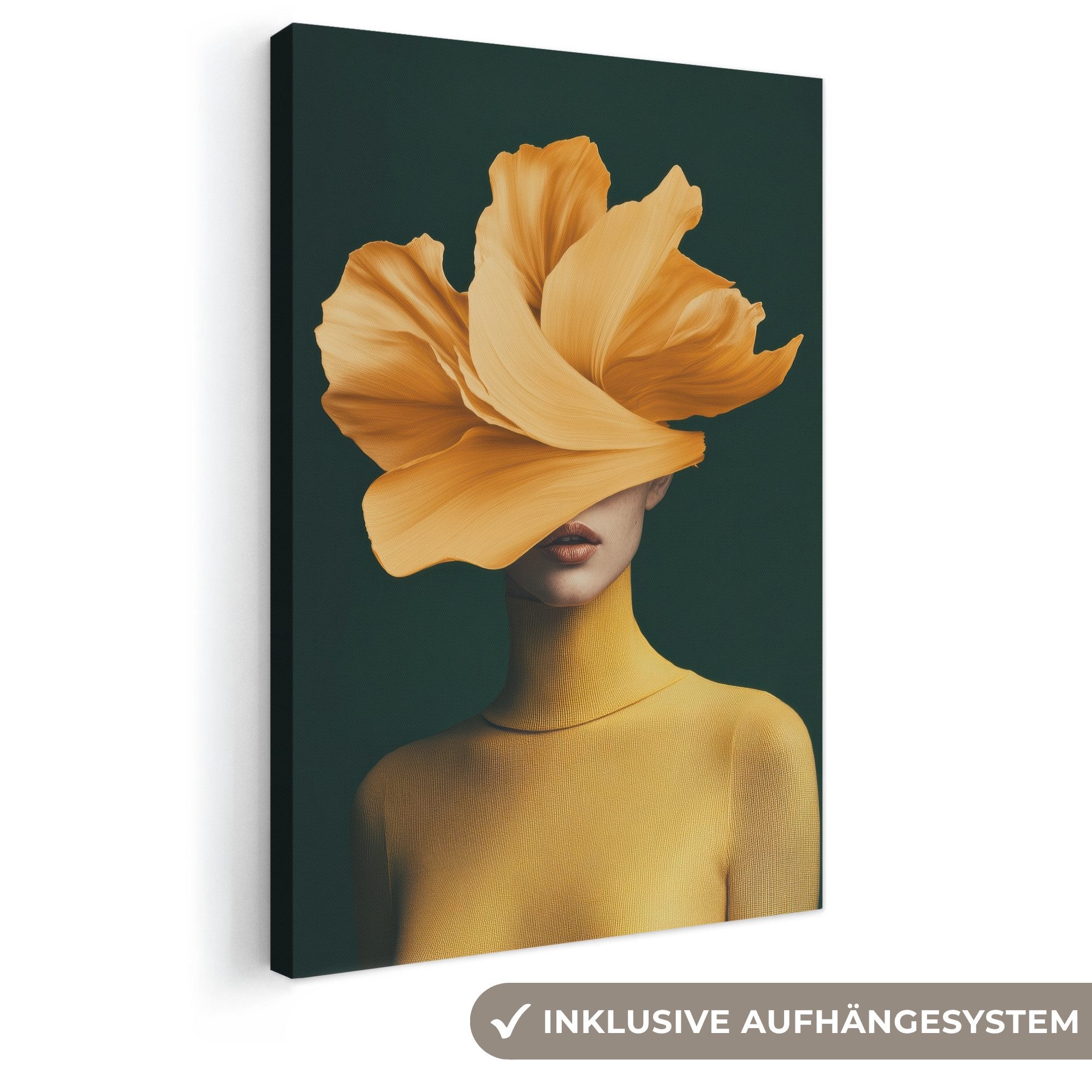 OneMillionCanvasses® Leinwandbild Frau - Hut - Gelb, Fotodruck (1 St), Leinwand Canvas Wandbild, Wanddekoration 20x30 cm