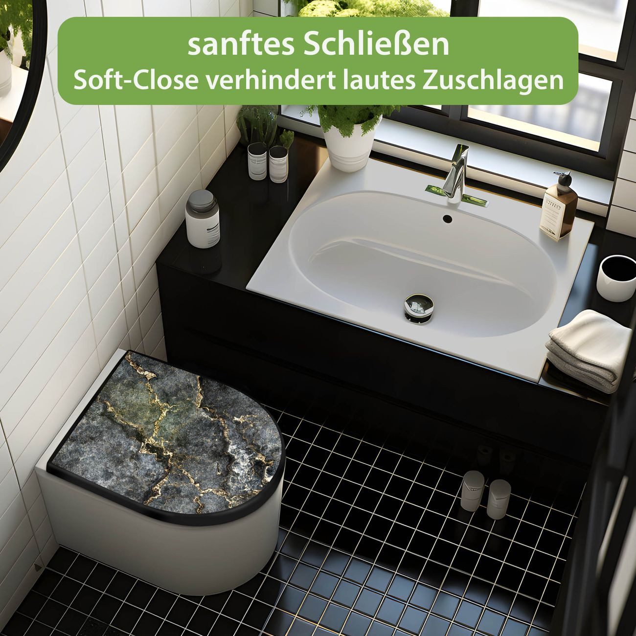 banjado WC-Sitz Premium D-Form mit Absenkautomatik Motiv grauer Marmor mit Gold 2 (umweltfreundliches Material, Softclose Absenkautomatik), 45 x 36,4 x 4