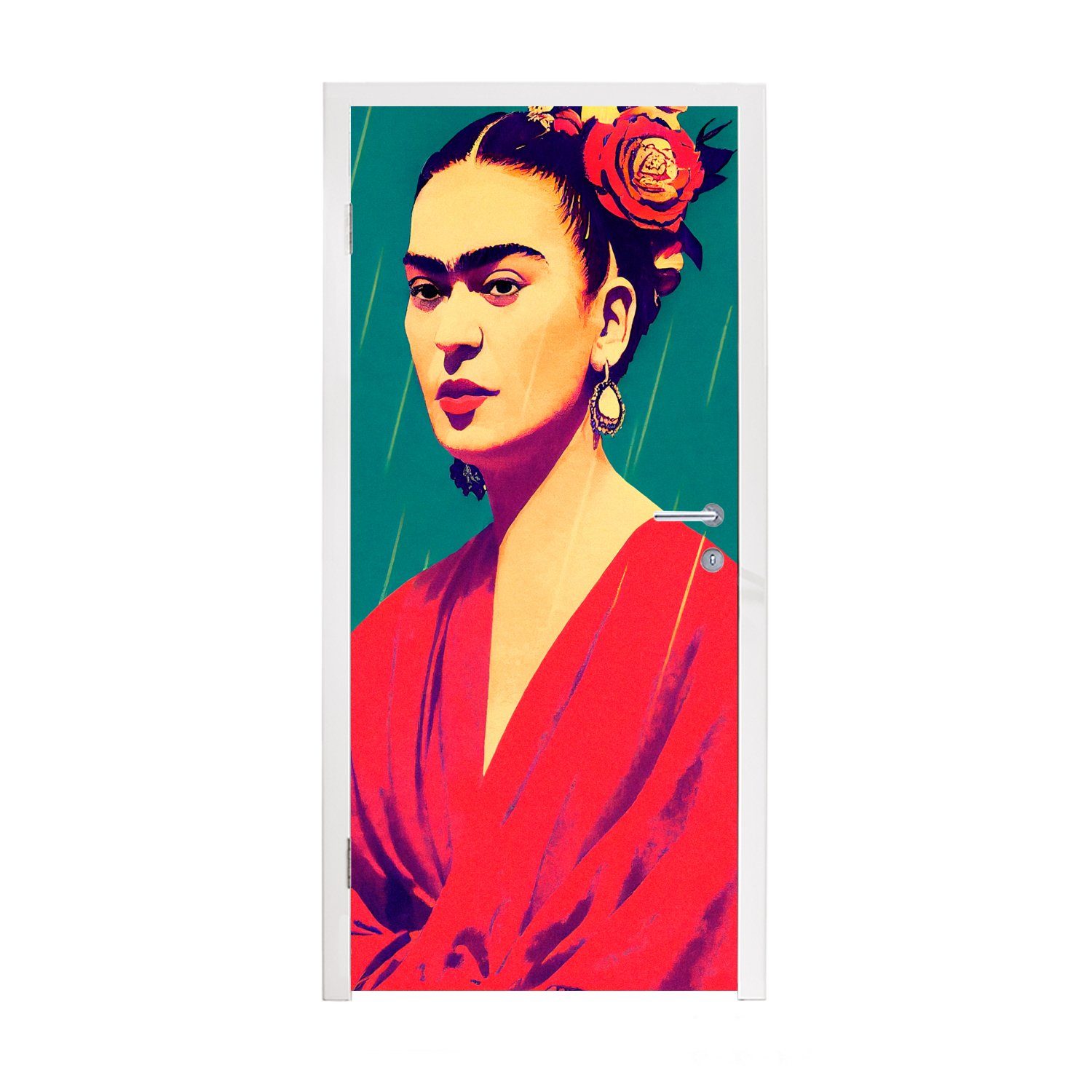 (1 Frida Matt, Kahlo Rot, 75x205 - für bedruckt, Fototapete Tür, Porträt Türtapete Türaufkleber, Frau cm St), - - Vintage MuchoWow -