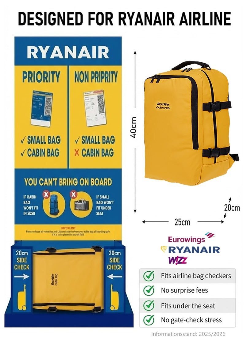 BestWay Bags Reiserucksack Handgepäck Rucksack für Ryanair aus Plane, Cabin Pro Flugzeug Kabinenrucksack Laptoprucksack 40350 + Koffergurt