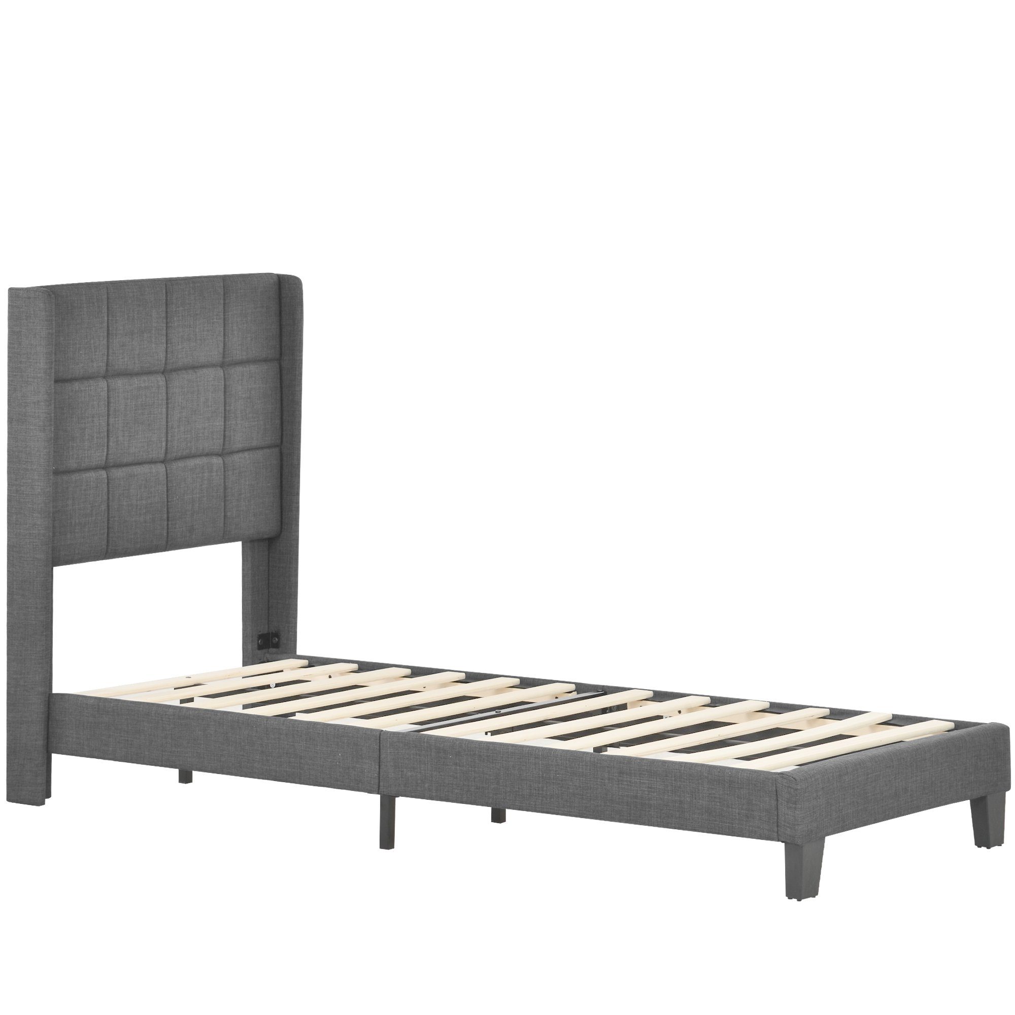 Polsterbett, Holzbett 90x200 cm, Lattenrost aus Holz, Gepolstertes Kopfteil, Leinen