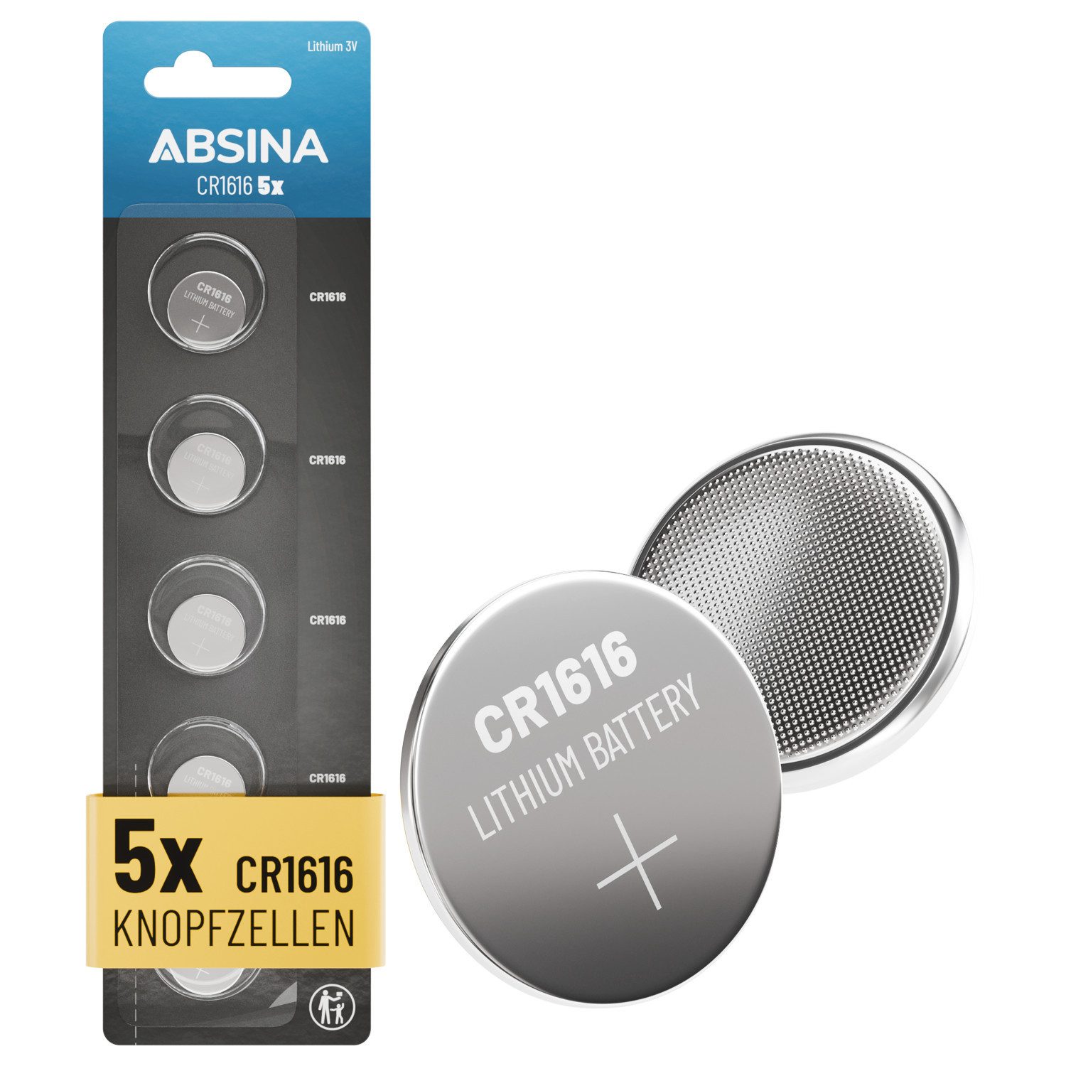 ABSINA 5x CR1616 3V Lithium Knopfzelle - Batterie CR 1616, CR1616 Batterie Knopfzelle, (5 St)