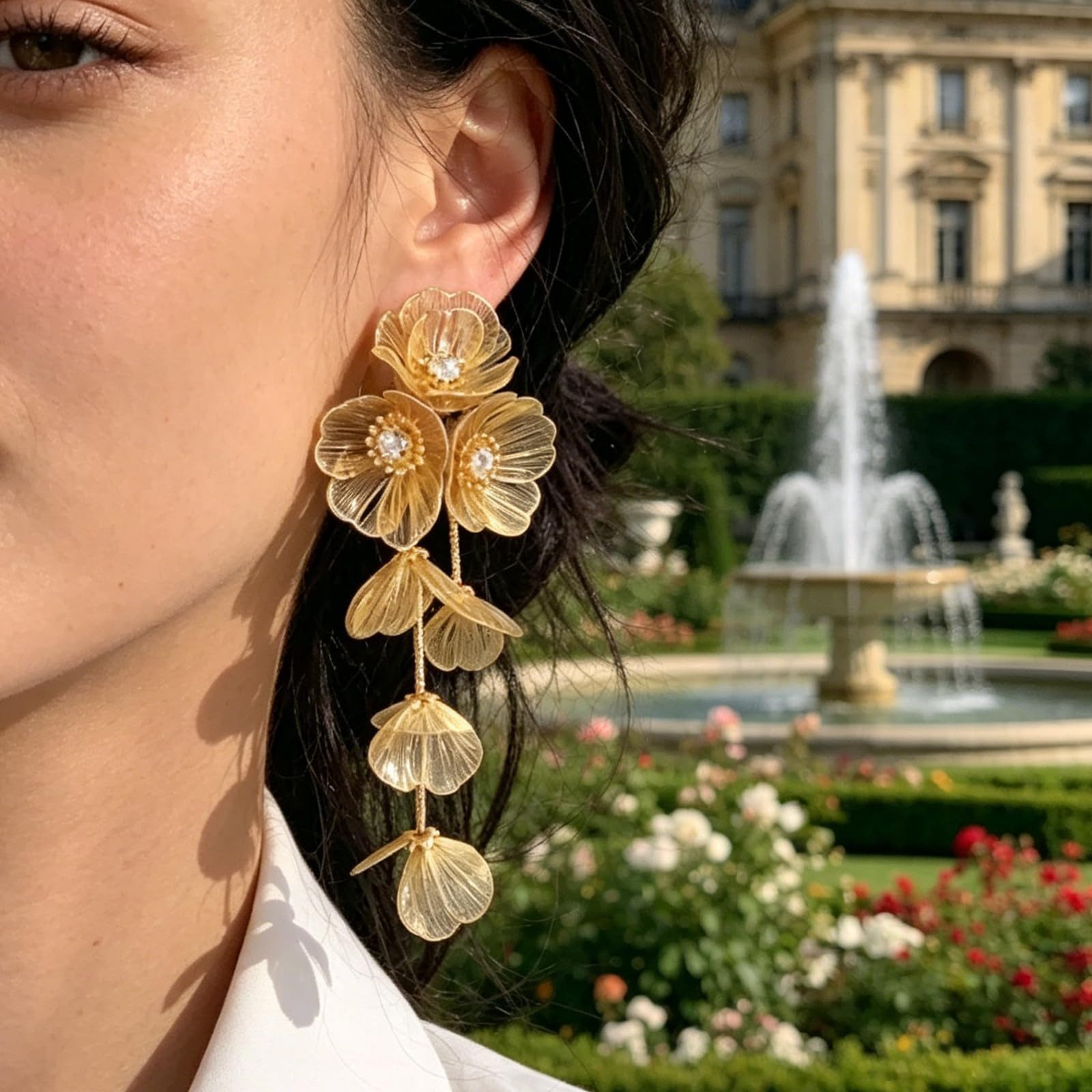 MOPUEA Paar Ohrhänger Ohrringe für Damen, Hohl Metall Filigrane Blumenohrringe (Goldene Blumen-Ohrringe für Damen, El-Blumen-Tropfen-Ohrringe, 2-tlg., Statement-Schmuck, lange Quasten-Ohrringe, Damenmode), mit ringförmigen Blütenblättern,für Abschlussbälle und Hochzeiten