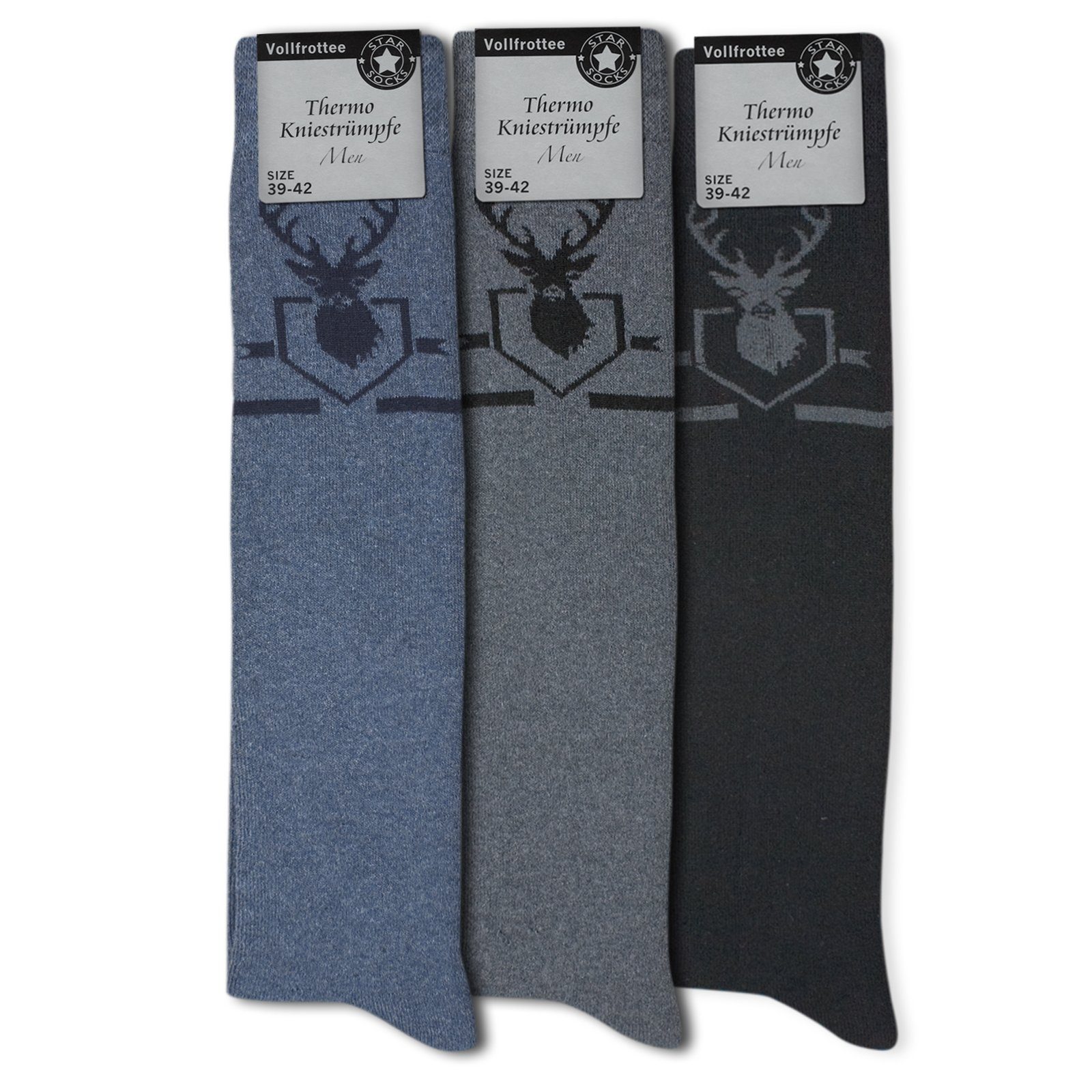 jeansblau THERMO schwarz) Kniestrümpfe (Bund, Vollfrottee Sockenbude Die 3-Paar, grau