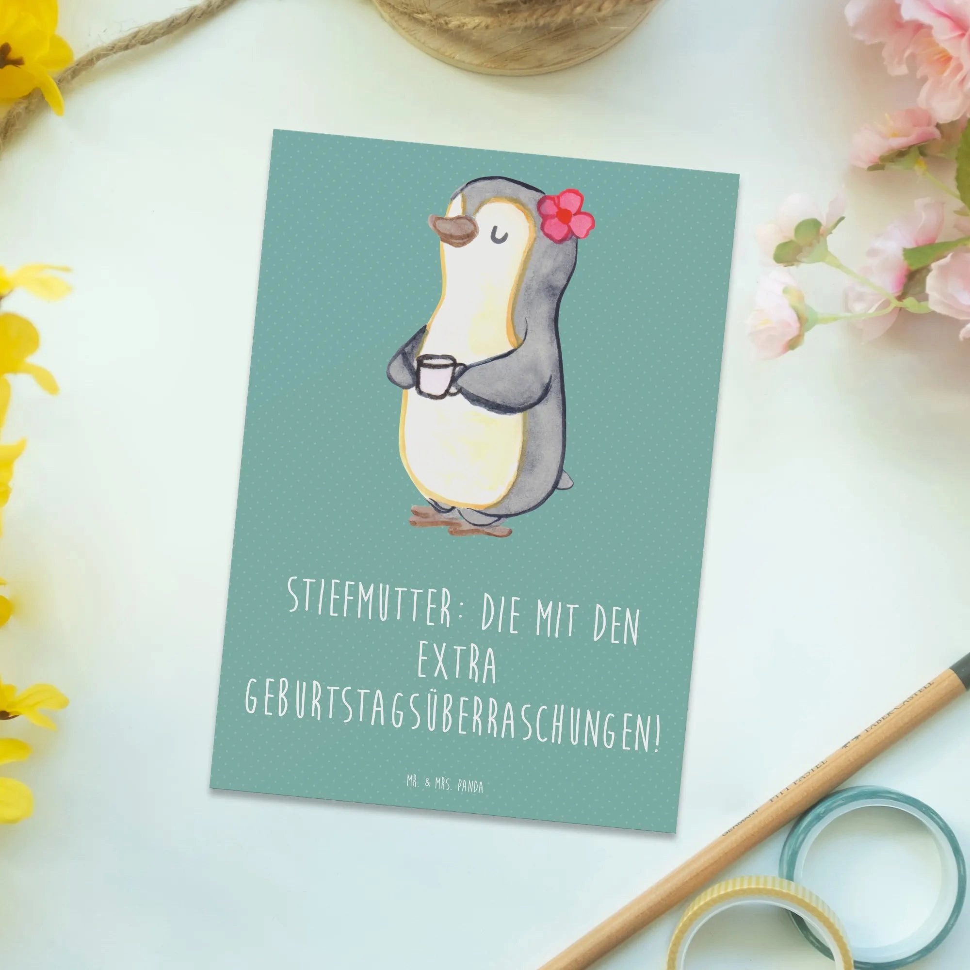 Thumbnail - Mr. & Mrs. Panda Postkarte Stiefmutter Überraschungen - Meeresbrise - Geschenk, besondere, Gebur, Glänzende Vorderseite
