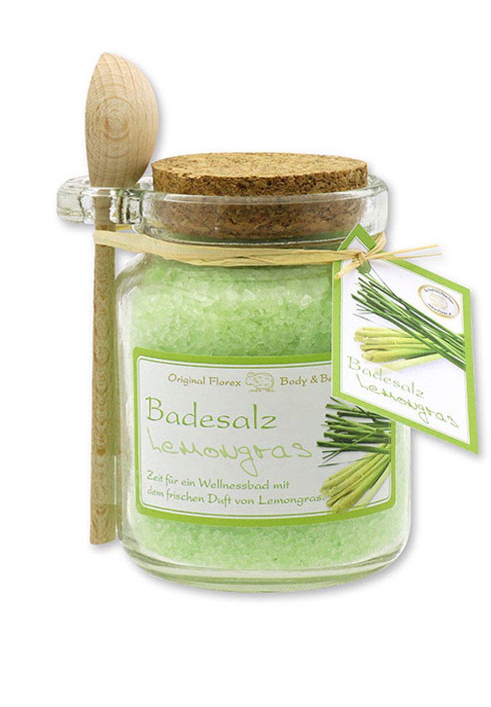 Gerlinde Hofer _ Florex GmbH Badezusatz Lemongras, Badesalz mit Bio Schafmilch im Glas mit Holzlöffel 300 g