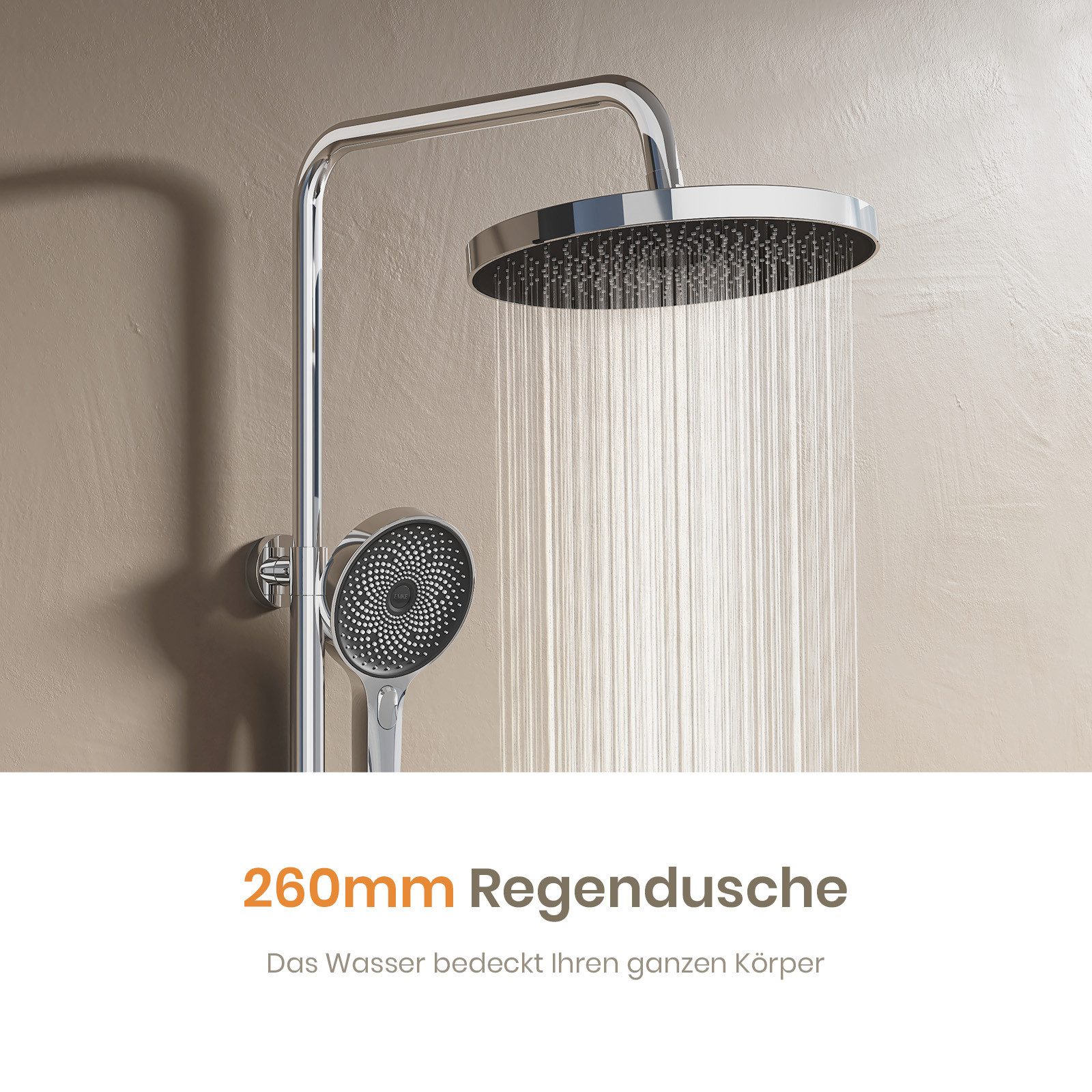 EMKE Duschsystem Thermostat Duschsystem Rund, Regendusche Set mit Duschkopf und Armatur, Höhe 131 cm, 3 Strahlart(en), Brausegarnitur Duschsäule mit 150cm Schlauch