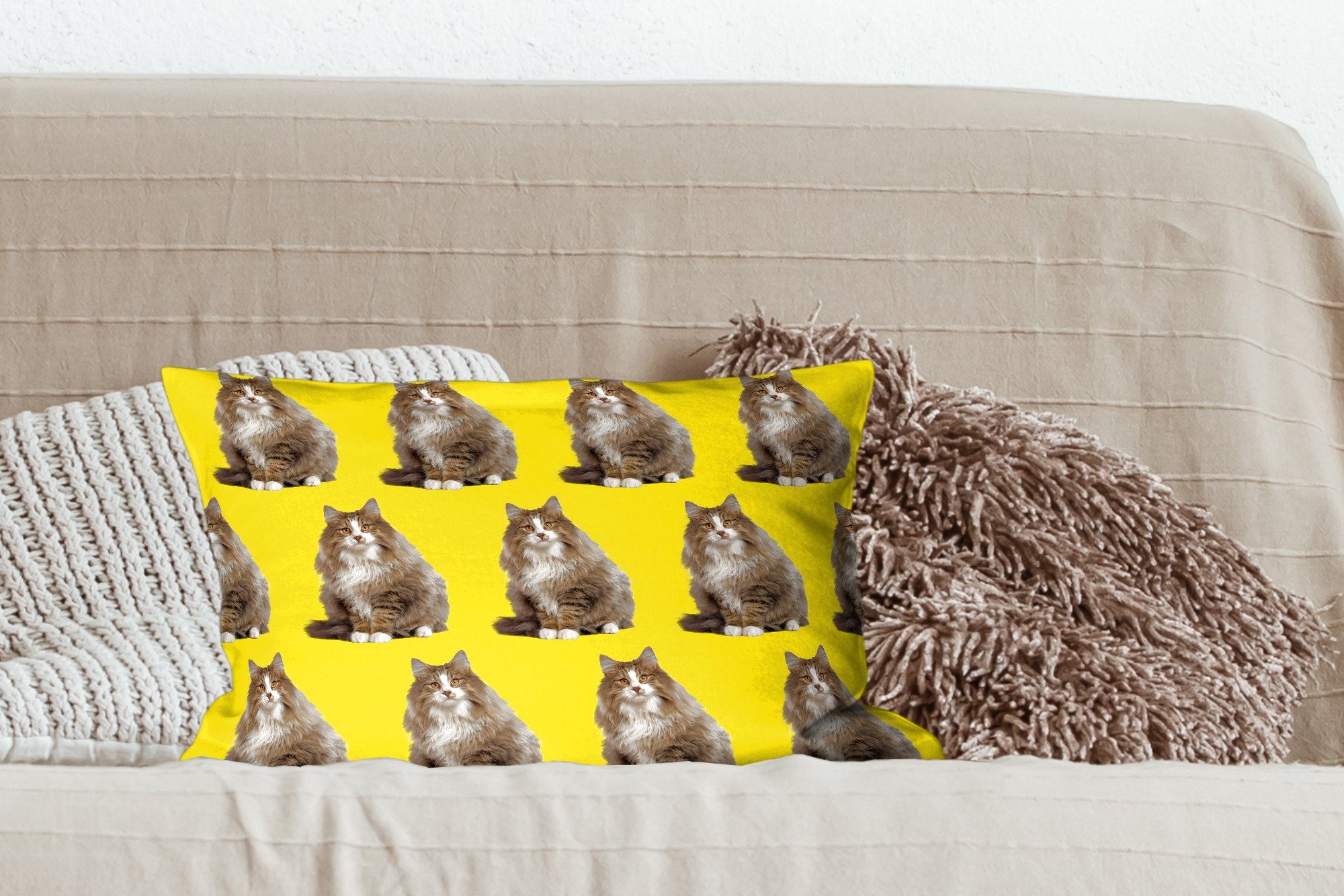 MuchoWow Dekokissen Katze Muster Gelb, mit Dekoration, - Dekokissen Zierkissen, Füllung, Schlafzimmer Wohzimmer 