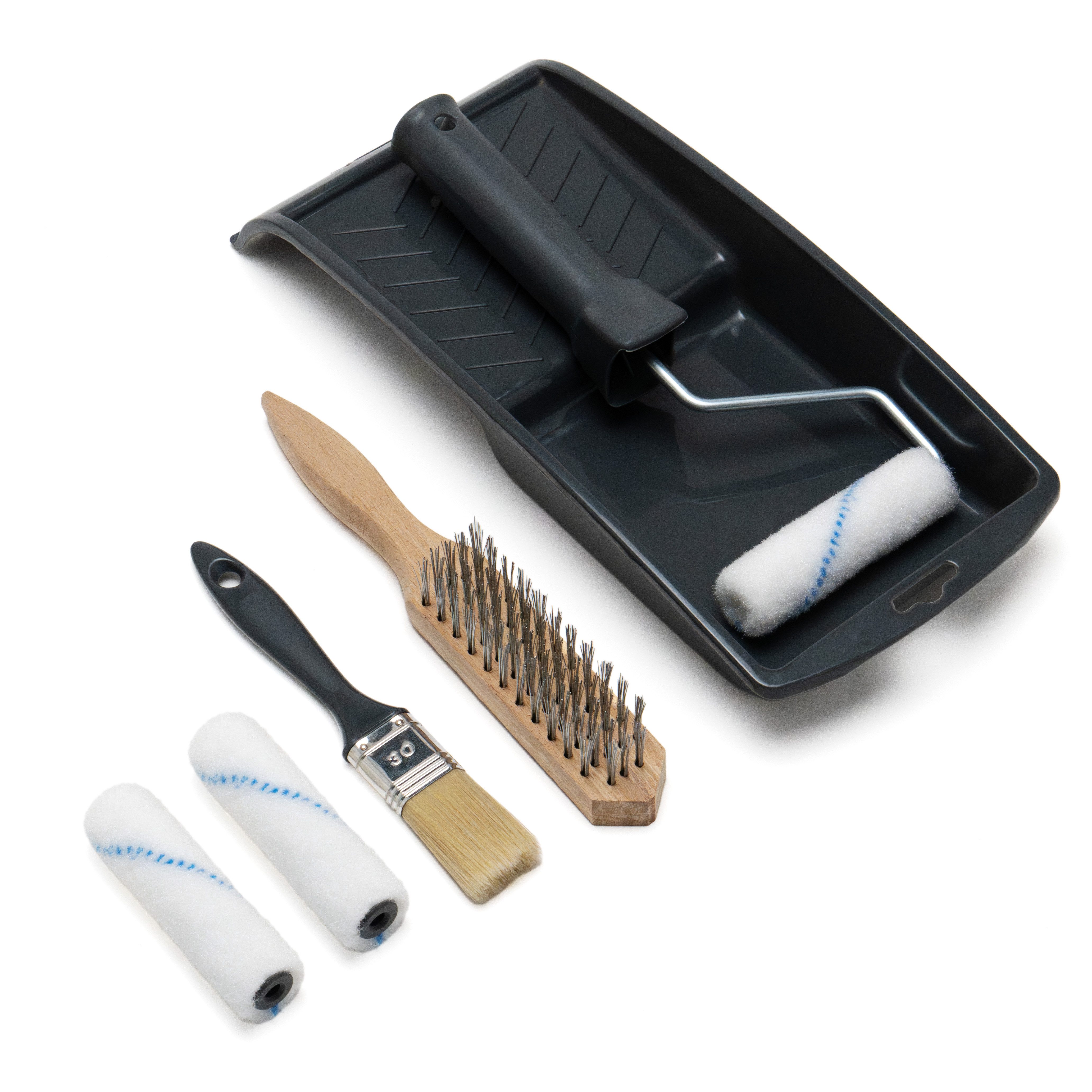 WO-WE Malerset Malerset Lackierset Farbwanne Farbrollerset Pinsel Drahtbürste PL150, (Set), 6-tlg., für Kleinflächen