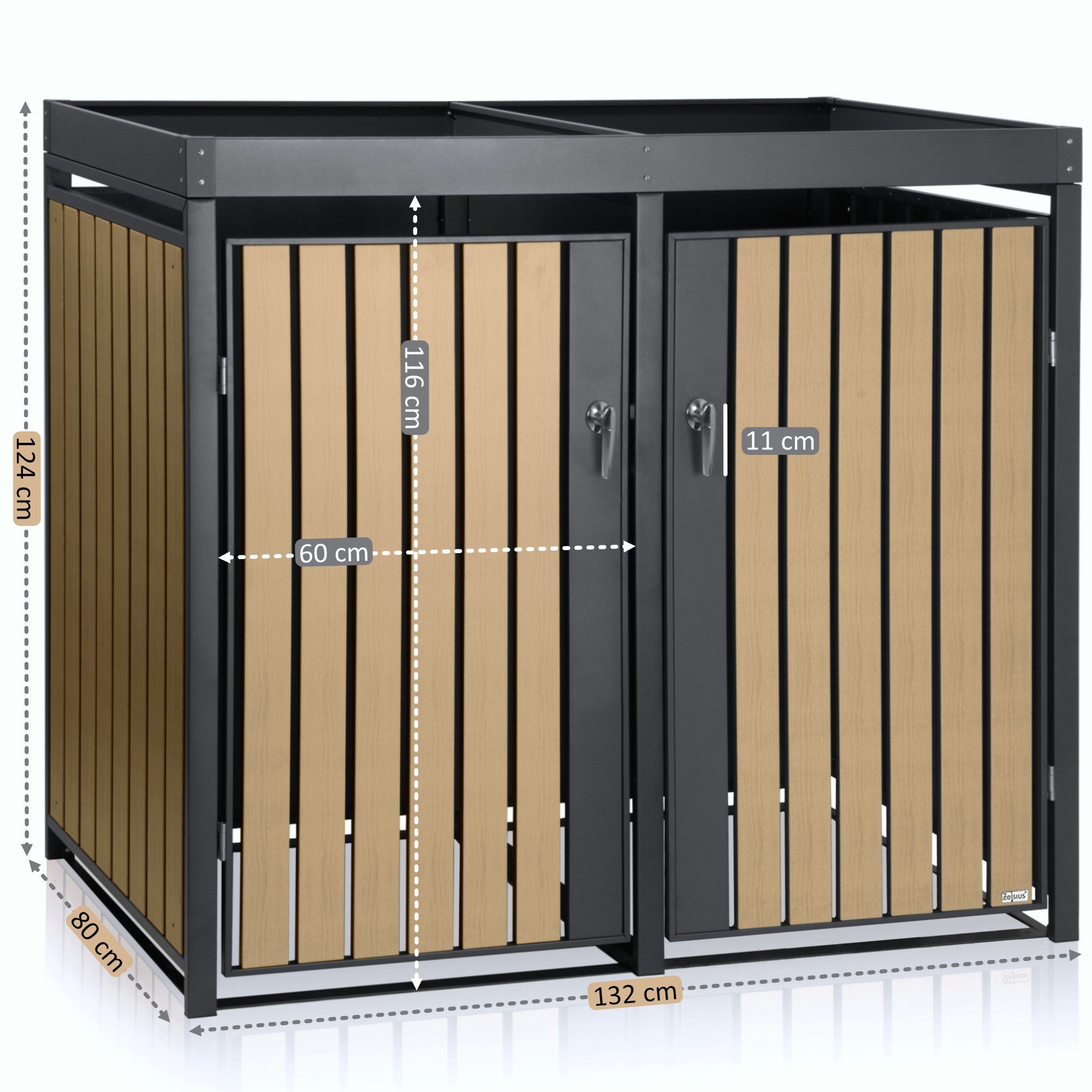 Zelsius Mülltonnenbox mit Pflanzdach, für 2 Mülltonnen, Anthrazit RAL 7016, Tür Holzoptik