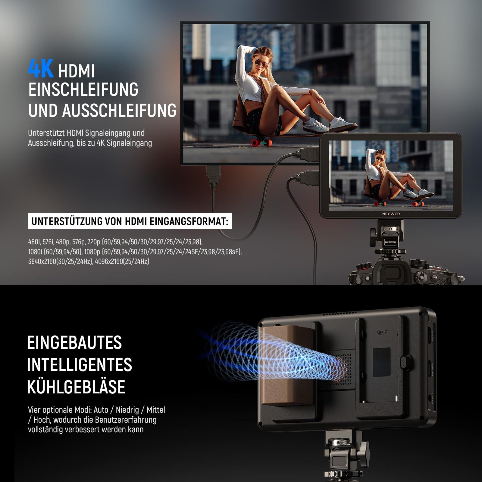 Neewer Kamerazubehör-Set F700 7" Kamera Feld Monitor, 2000nit HD 1920 x 1080 IPS Touchscreen, (Packung), mit 3D LUT, 4K HDMI Loop In/Out, DSLR Video Assist HDR Wellenform