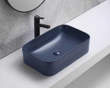 einfachgutemoebel Waschtisch-Set Badezimmer VITTAVLA 120cm Set 4-tlg., Aufsatzbecken blau, matt-weiß, (Badmöbel Set, 1-St., Waschtisch Set 4-teilig)