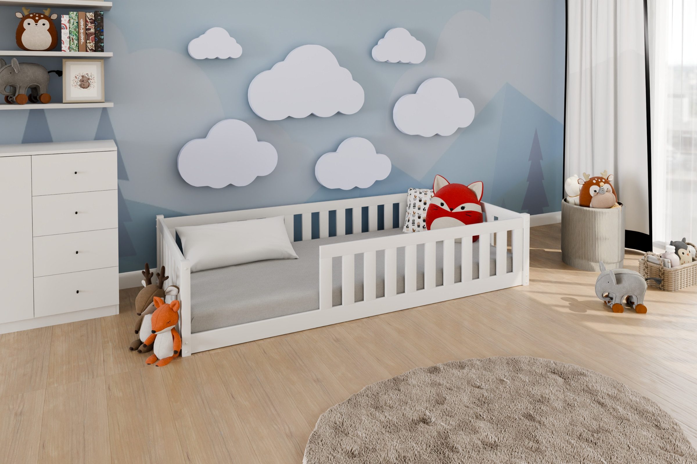 Deine Möbel 24 Kinderbett BELMO Bodenbett Montessori Bett Kinder (Set, 3-tlg., inkl. Lattenrost Rausfallschutz), aus Massivholz Kiefernholz 80x180 90x200 Weiß Natur Kiefer