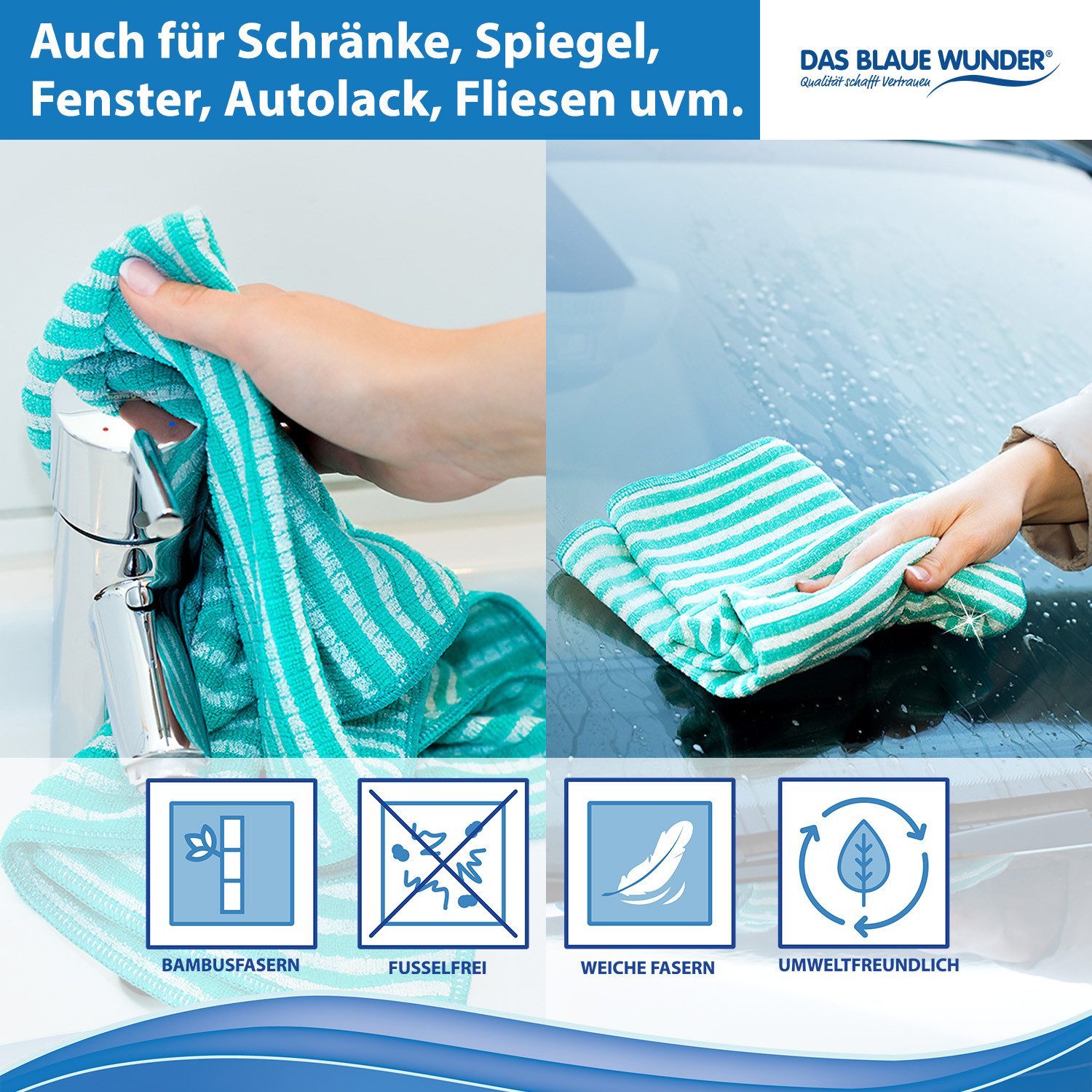 Das Blaue Wunder® Geschirrtuch EXTRA Premium aus Bambusfasern für Küche und Haushalt, (Set in 40 x 70cm), Reinigen und Trocknen, Streifen- und fusselfrei, Wasch – Bild 4 von 5
