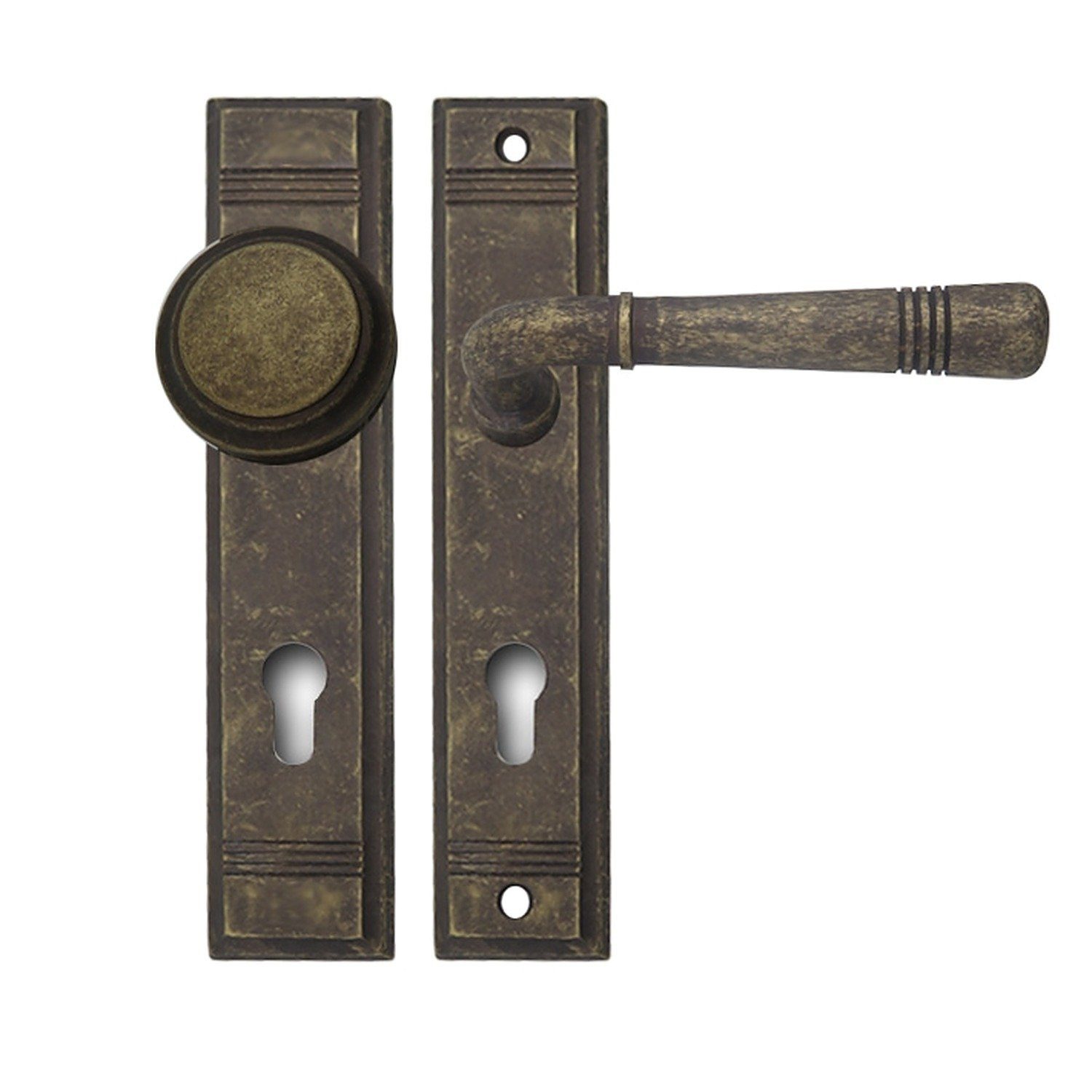 GHIDINI Türgriffpaar Schutzbeschlag Wechselgarnitur Berlin R716, Knopf/Drücker außen, Messing antik goldbraun