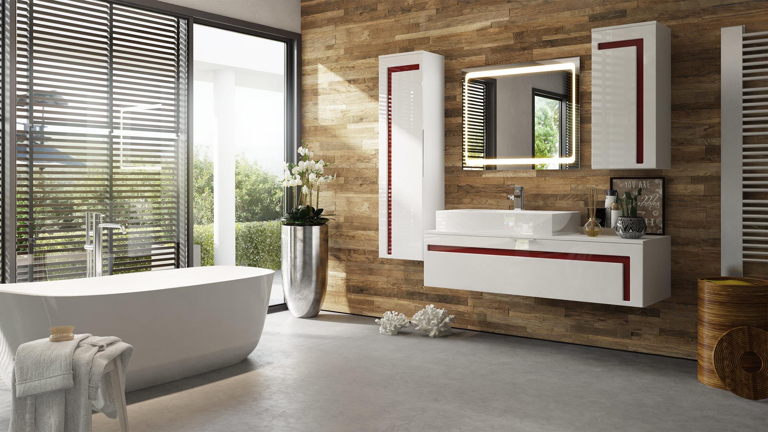 Vladon Badmöbel-Set Aloha, (Badezimmer-Set mit 2 Hochschränken, 1 Unterschrank, LED-Spiegel und 1 Waschbecken mit Armatur), Weiß matt&glänzend, Absetzungen in Bordeaux glänzend (210x51x185 cm)