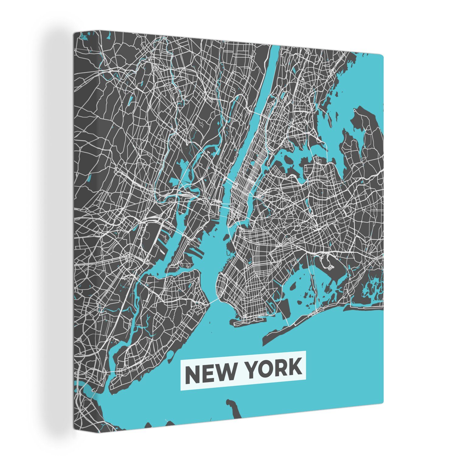 OneMillionCanvasses® Leinwandbild Stadtplan - Blau - New York - Karte, (1 St), Leinwand Bilder für Wohnzimmer Schlafzimmer
