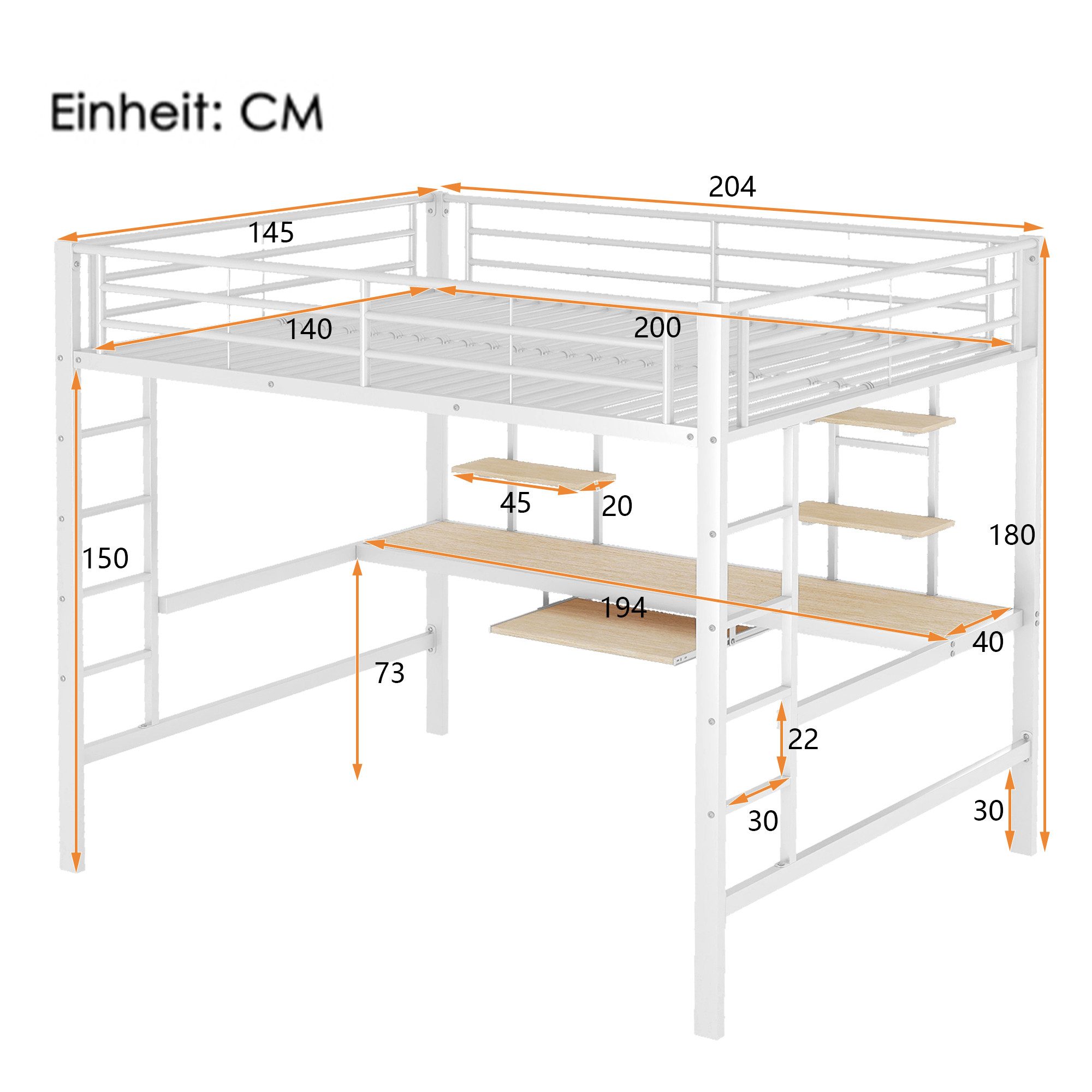 SOFTWEARY Hochbett mit Schreibtisch, Regal, Rausfallschutz und Lattenrost (140x200 cm) Metallbett, Kinderbett, Jugendbett – Bild 5 von 5