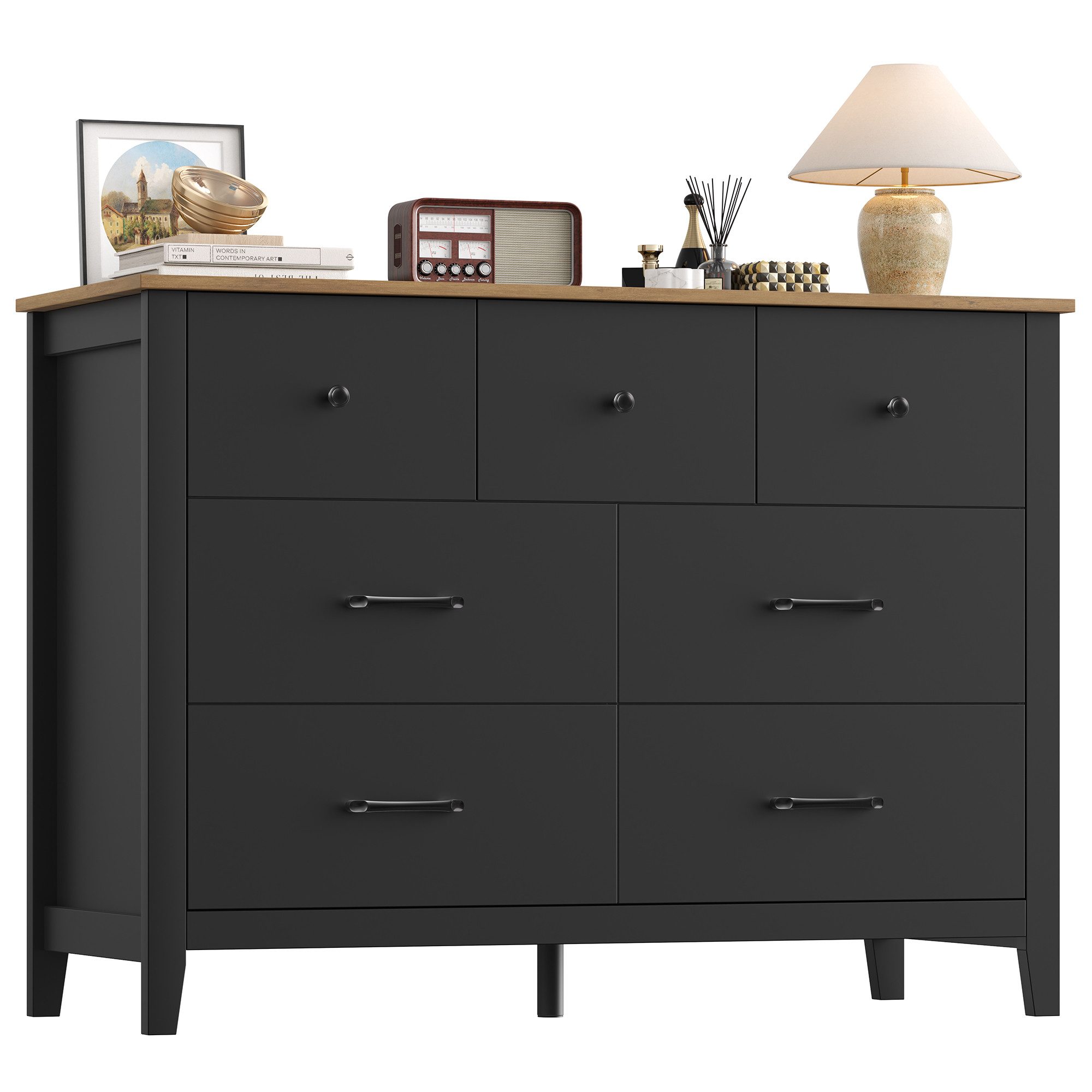 HOMECHO Kommode, Weiß mit 7 Schubladen und Brauner Platte, 106x40x81 cm