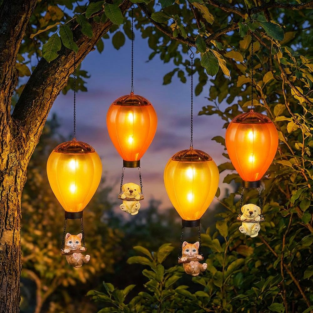Haushalt International LED Solarleuchte, LED-Leuchtmittel fest verbaut, Warmweiß, Solar Hängelampe LED Außen Heißluftballon Garten Hund Katze 4er Set