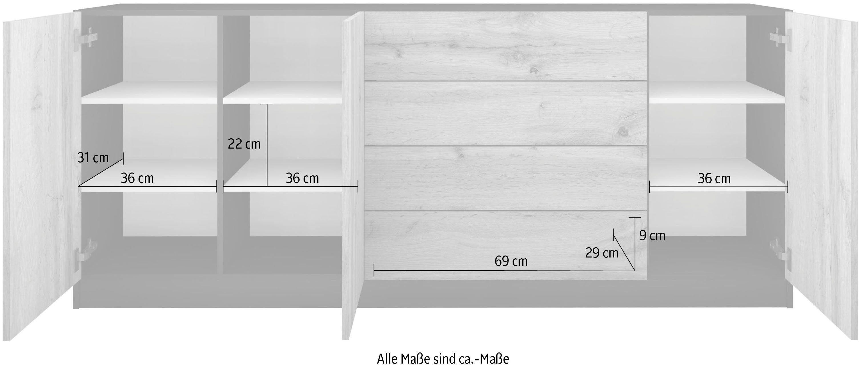 borchardt Möbel Sideboard Vaasa, Kommode mit 3 Türen und 4 Schubkästen auf Kugelführungen, Breite 190 cm